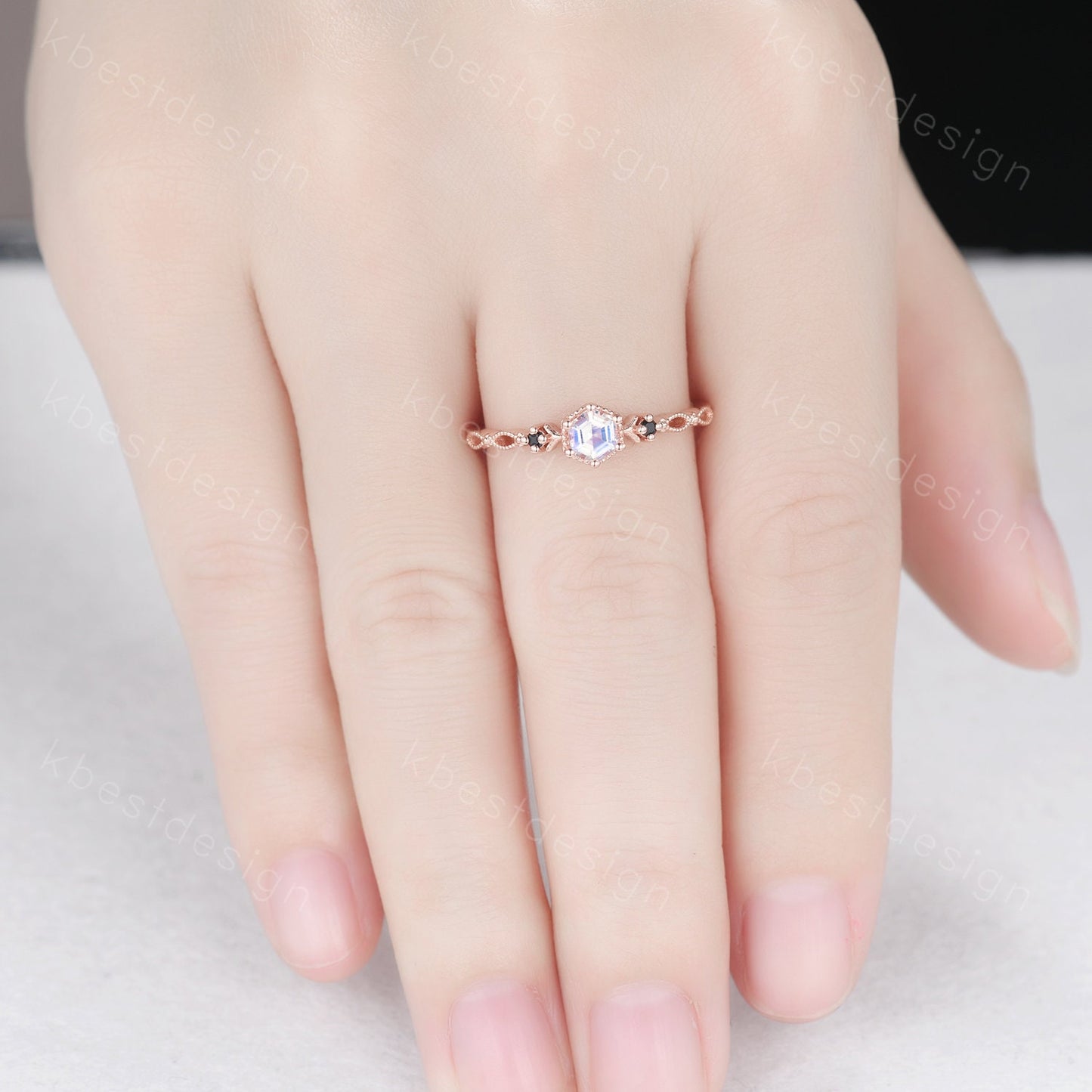 Vintage hexagon cut Moonstone engagement ring 14k rose gold art deco ring three stone antique black spinel ring women anniversary ring gift