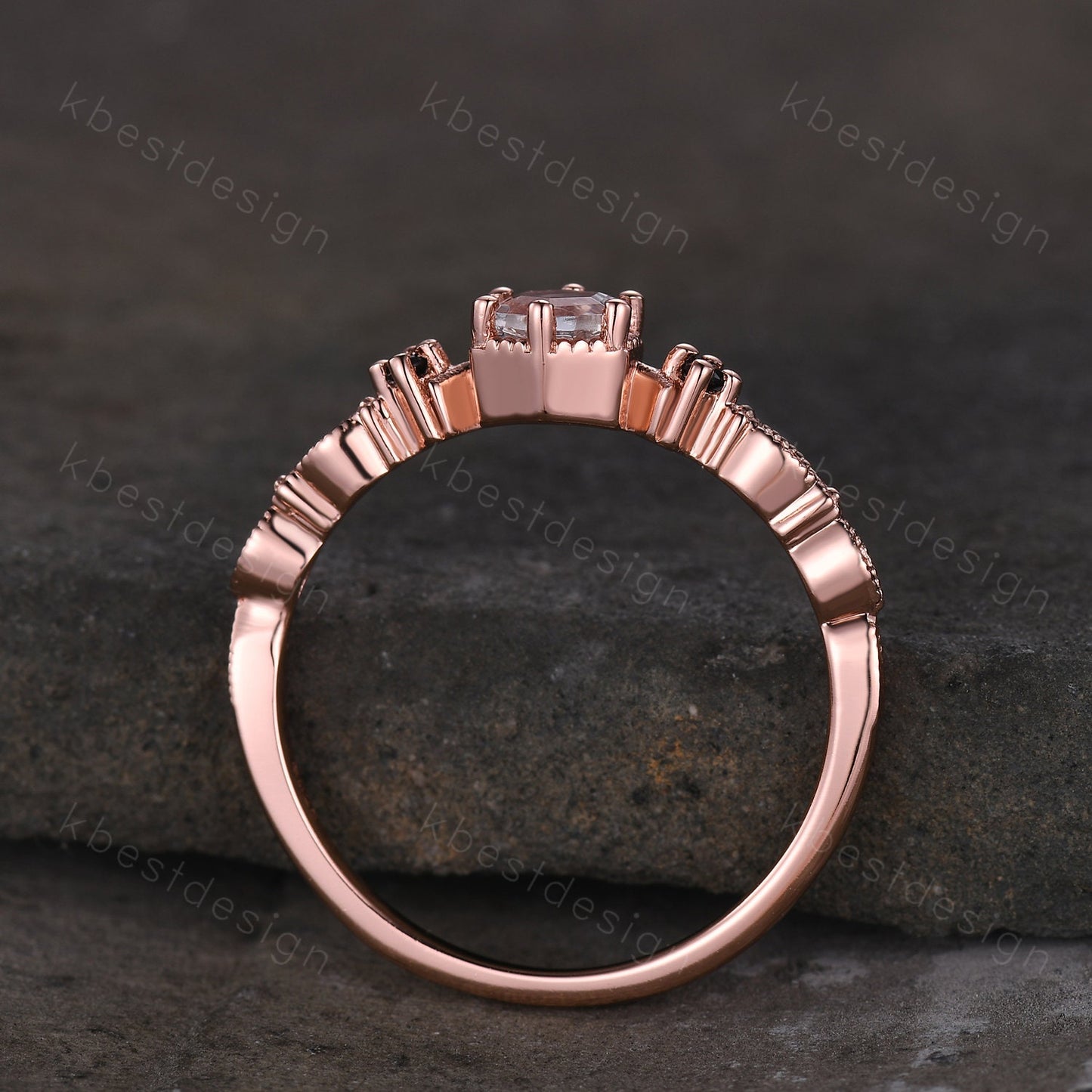 Vintage hexagon cut Moonstone engagement ring 14k rose gold art deco ring three stone antique black spinel ring women anniversary ring gift