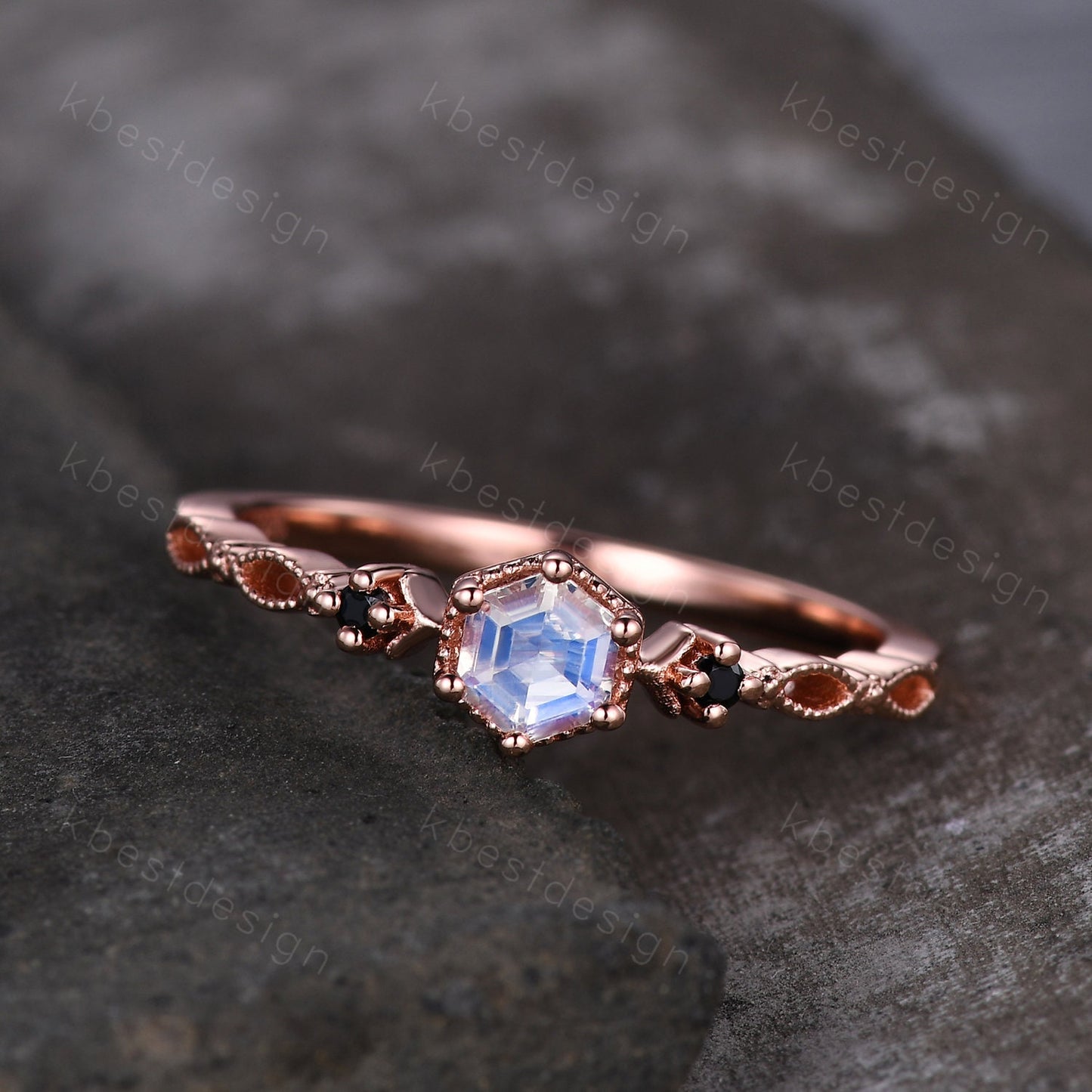 Vintage hexagon cut Moonstone engagement ring 14k rose gold art deco ring three stone antique black spinel ring women anniversary ring gift