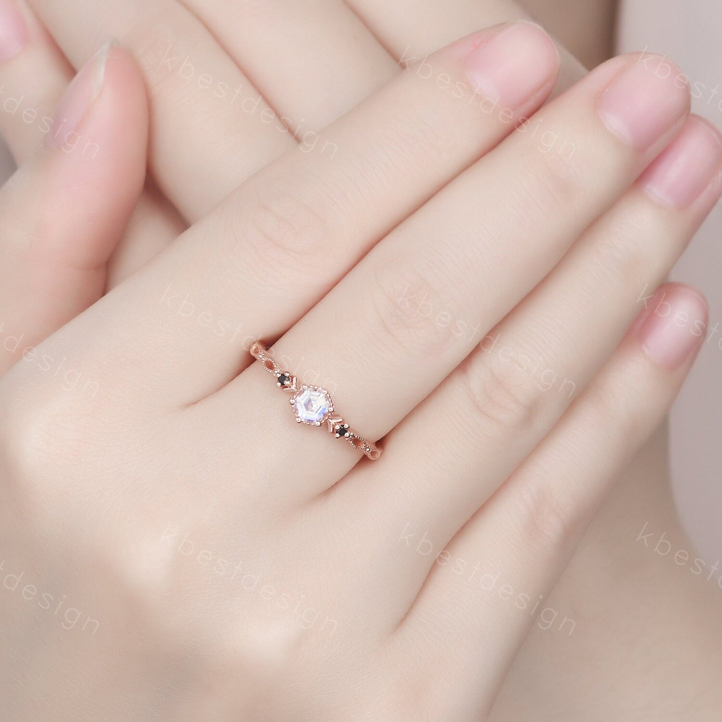 Vintage hexagon cut Moonstone engagement ring 14k rose gold art deco ring three stone antique black spinel ring women anniversary ring gift