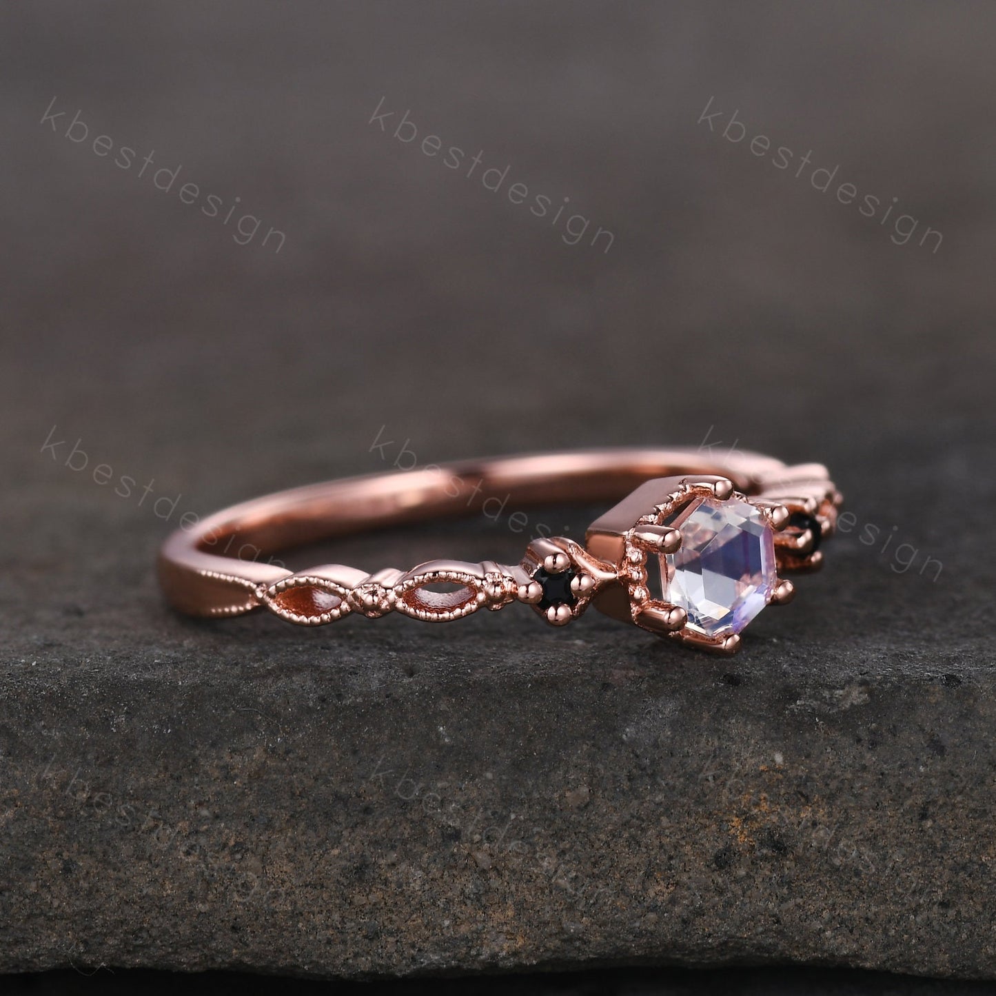Vintage hexagon cut Moonstone engagement ring 14k rose gold art deco ring three stone antique black spinel ring women anniversary ring gift