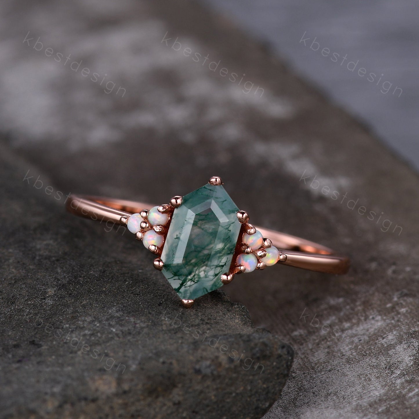 Vintage long hexagon cut Moss Agate ring Rose gold green agate engagement ring unique opal wedding ring art deco cluster bridal ring