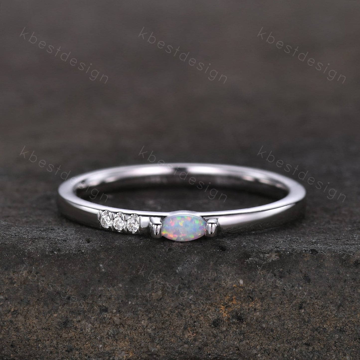 Minimalist Opal wedding band silver Moissanite band dainty marquise cut opal ring Unique stacking matching band Promise Anniversary gift