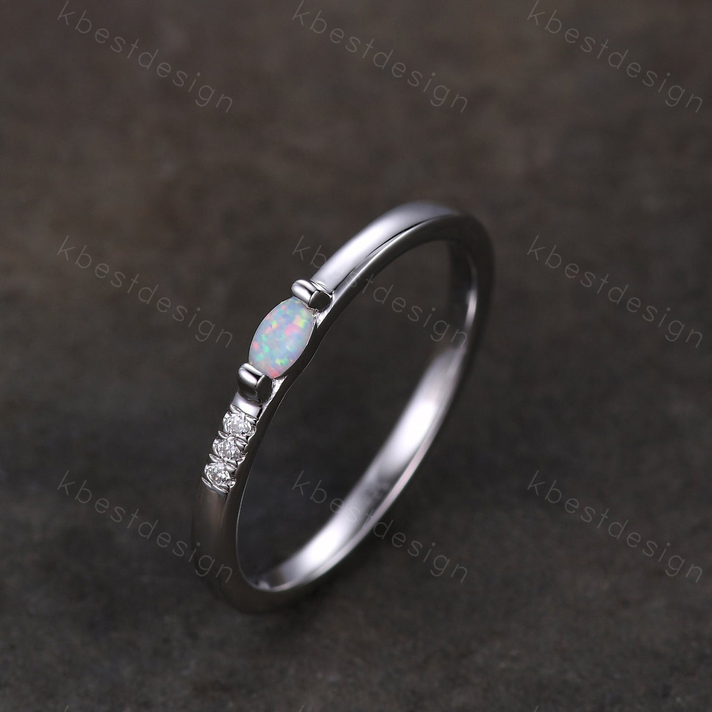 Minimalist Opal wedding band silver Moissanite band dainty marquise cut opal ring Unique stacking matching band Promise Anniversary gift