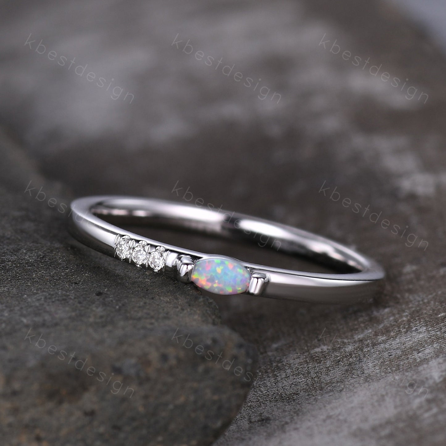 Minimalist Opal wedding band silver Moissanite band dainty marquise cut opal ring Unique stacking matching band Promise Anniversary gift