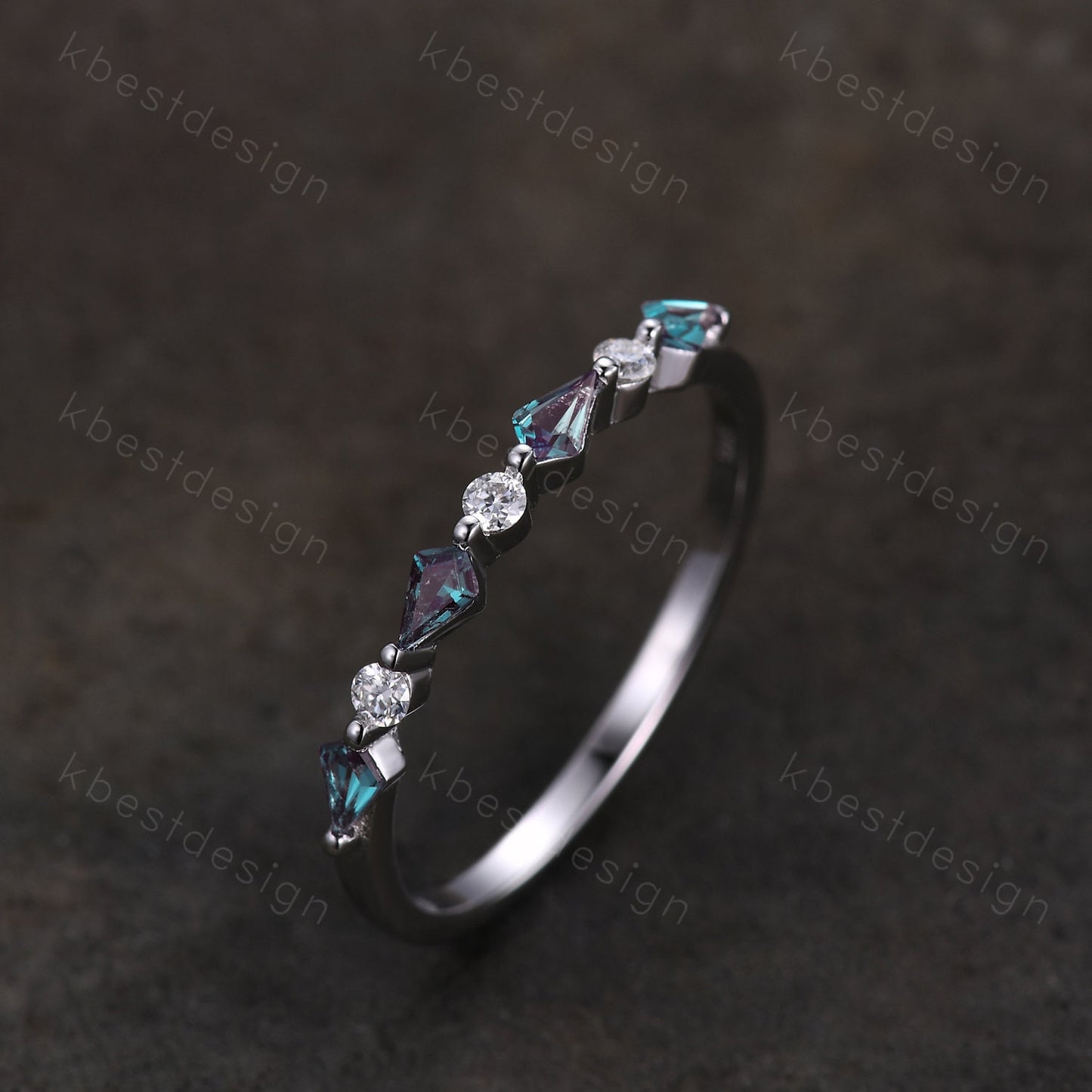 Vintage Alexandrite Wedding Band Kite cut Wedding Band Women Rose Gold Band Unique Half eternity band Delicate Stacking Band Gift for Her