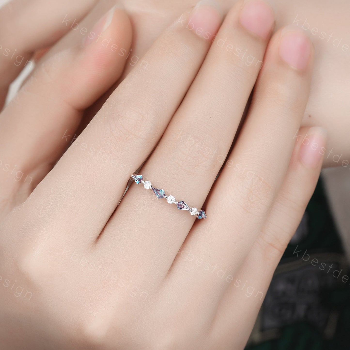 Vintage Alexandrite Wedding Band Kite cut Wedding Band Women Rose Gold Band Unique Half eternity band Delicate Stacking Band Gift for Her