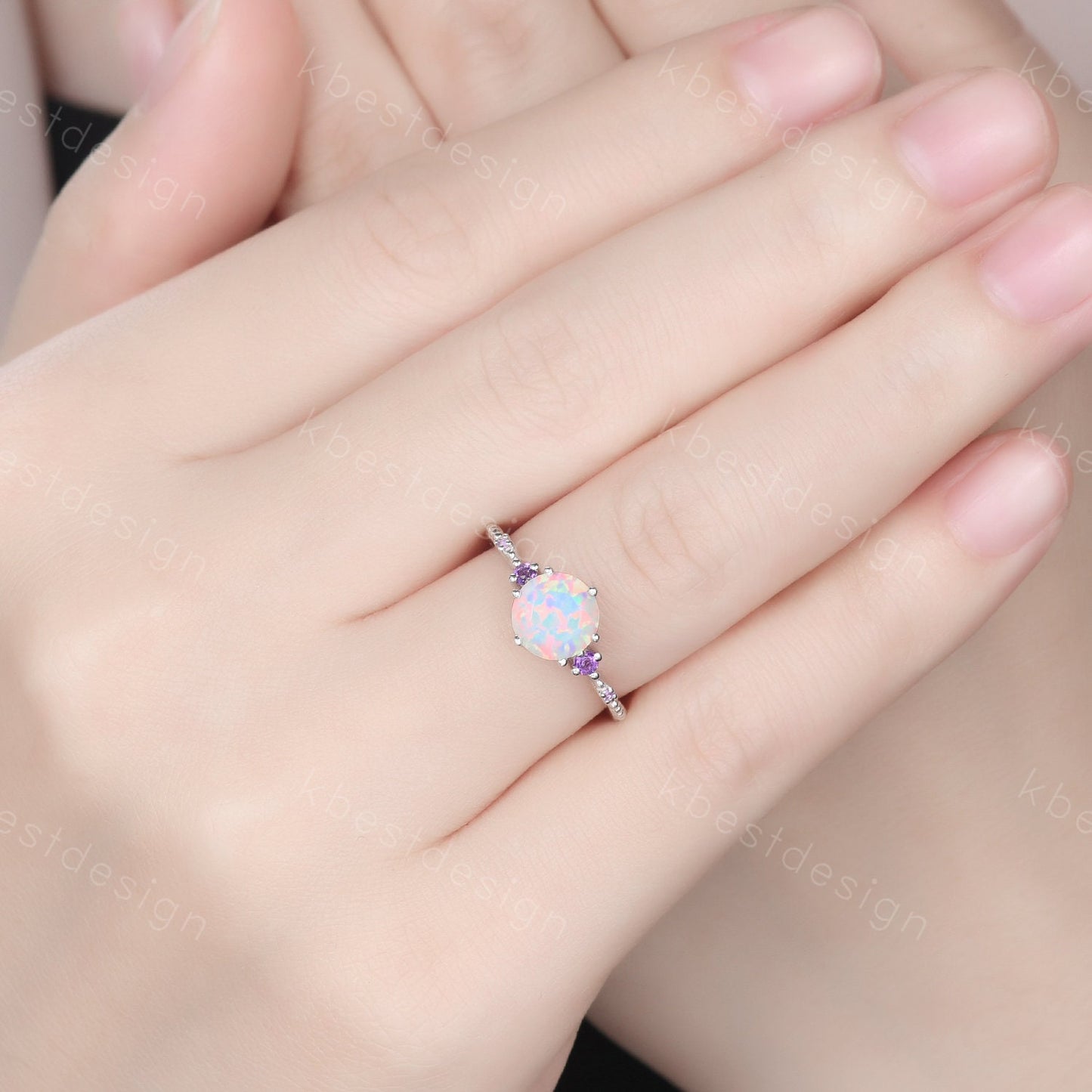 3PCS White Opal Engagement Ring Set Vintage Round cut Opal Amethyst Bridal Set Unique Curved Amethyst Wedding Ring Anniversary Promise Gift