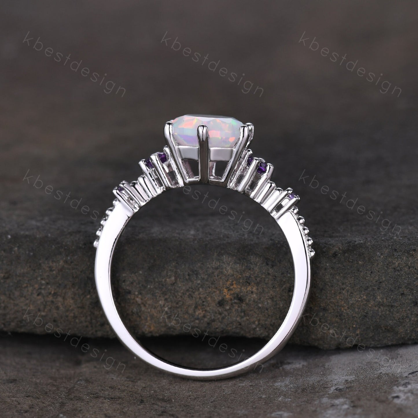 Round cut opal ring vintage white Opal engagement ring white gold Unique amethyst ring for women October birthstone ring anniversary ring