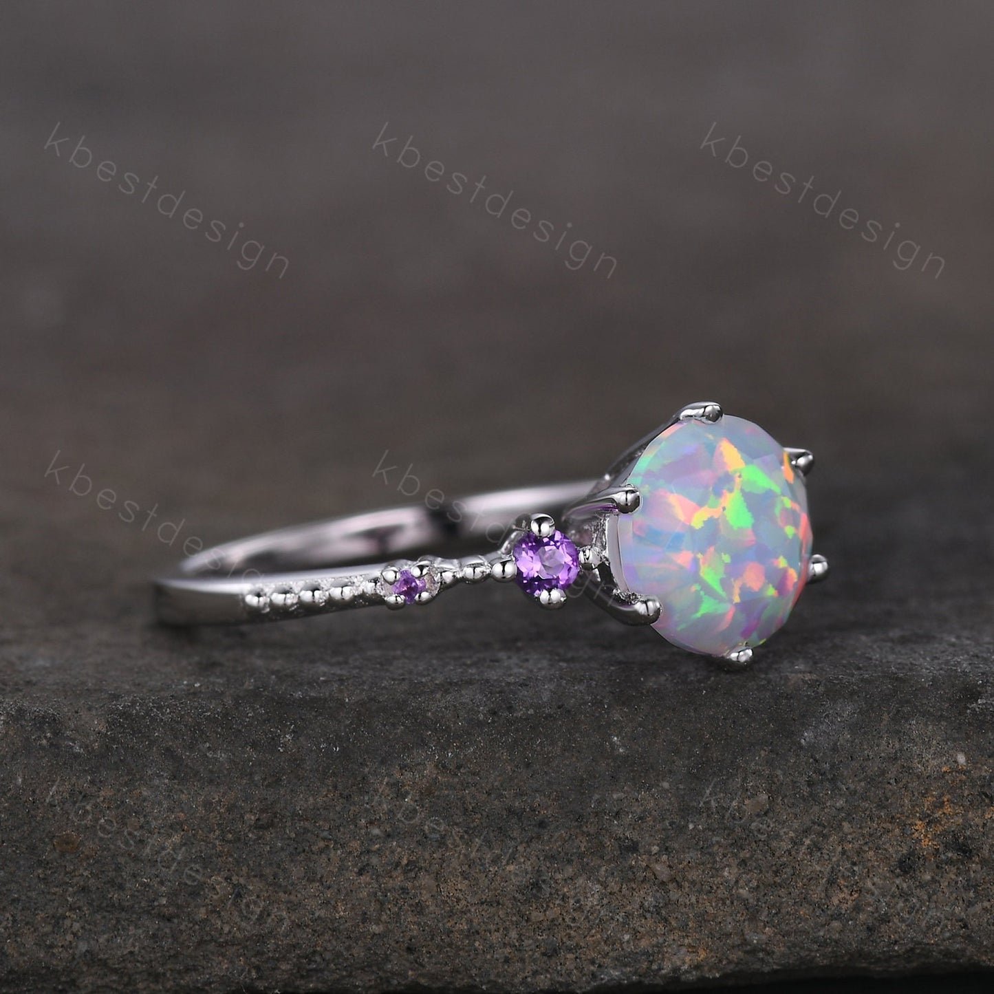 Round cut opal ring vintage white Opal engagement ring white gold Unique amethyst ring for women October birthstone ring anniversary ring