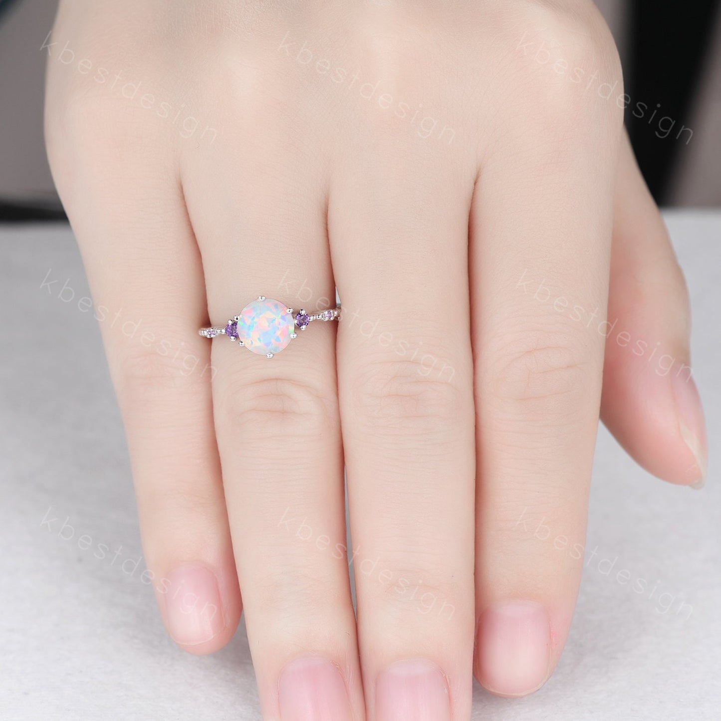 Round cut opal ring vintage white Opal engagement ring white gold Unique amethyst ring for women October birthstone ring anniversary ring