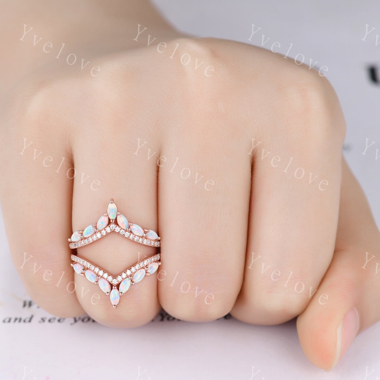 Unique White Opal ring,Opal wedding band,Marquise opal enhancer ring,Curved V stacking matching band,Moissanite ring,White gold ring,Custom