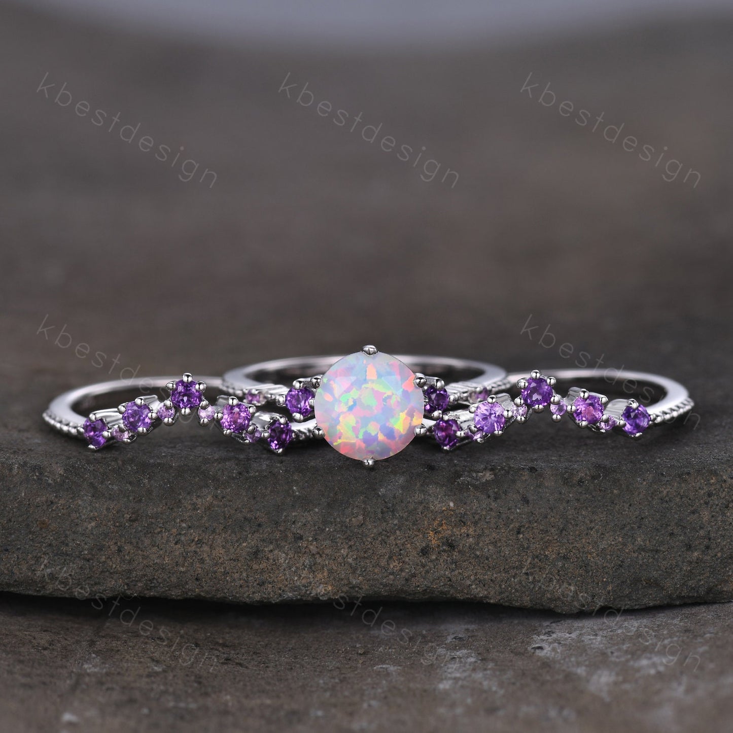 3PCS White Opal Engagement Ring Set Vintage Round cut Opal Amethyst Bridal Set Unique Curved Amethyst Wedding Ring Anniversary Promise Gift