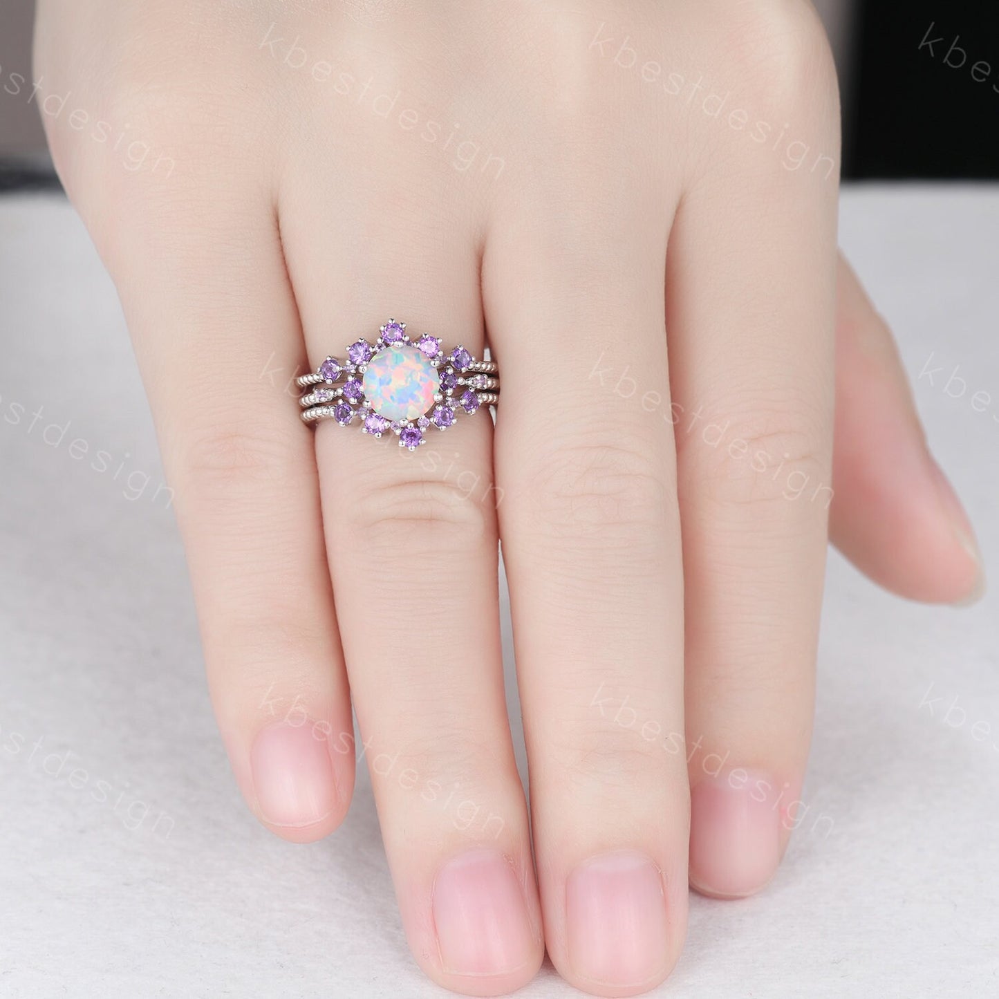 3PCS White Opal Engagement Ring Set Vintage Round cut Opal Amethyst Bridal Set Unique Curved Amethyst Wedding Ring Anniversary Promise Gift