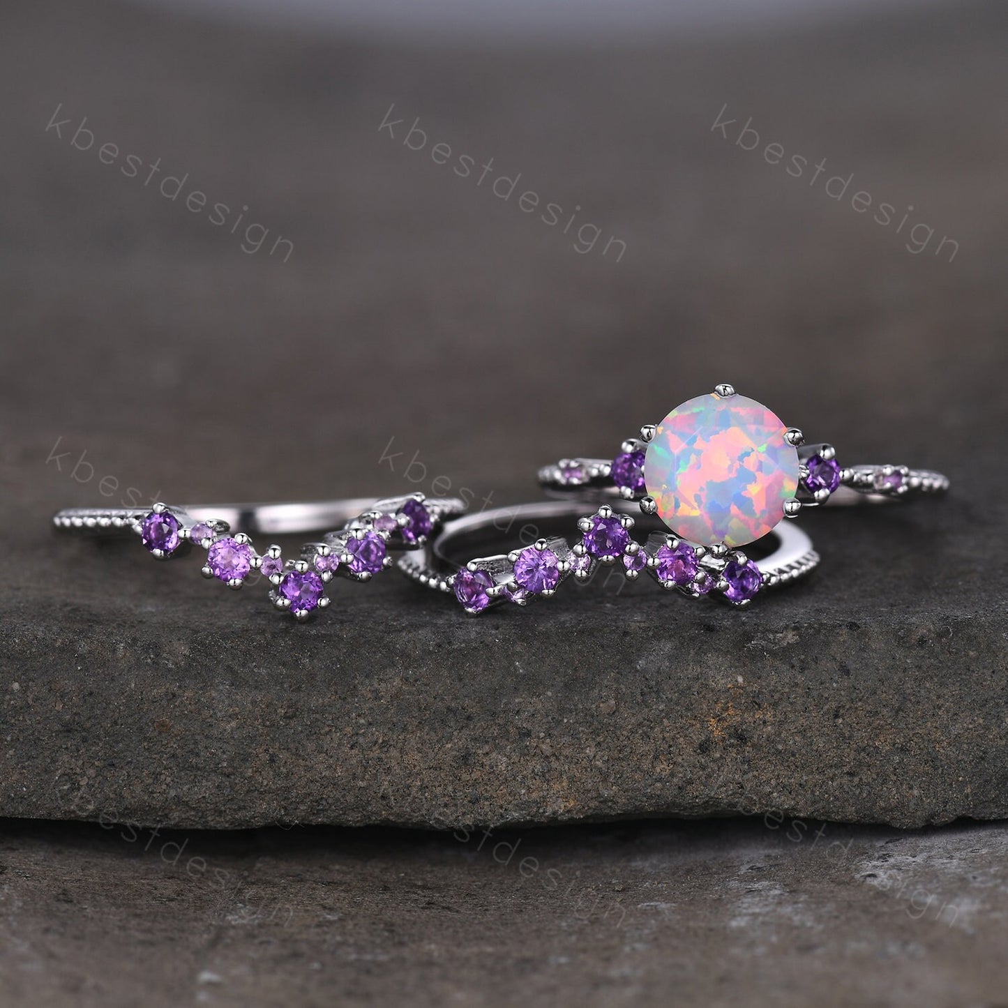 3PCS White Opal Engagement Ring Set Vintage Round cut Opal Amethyst Bridal Set Unique Curved Amethyst Wedding Ring Anniversary Promise Gift