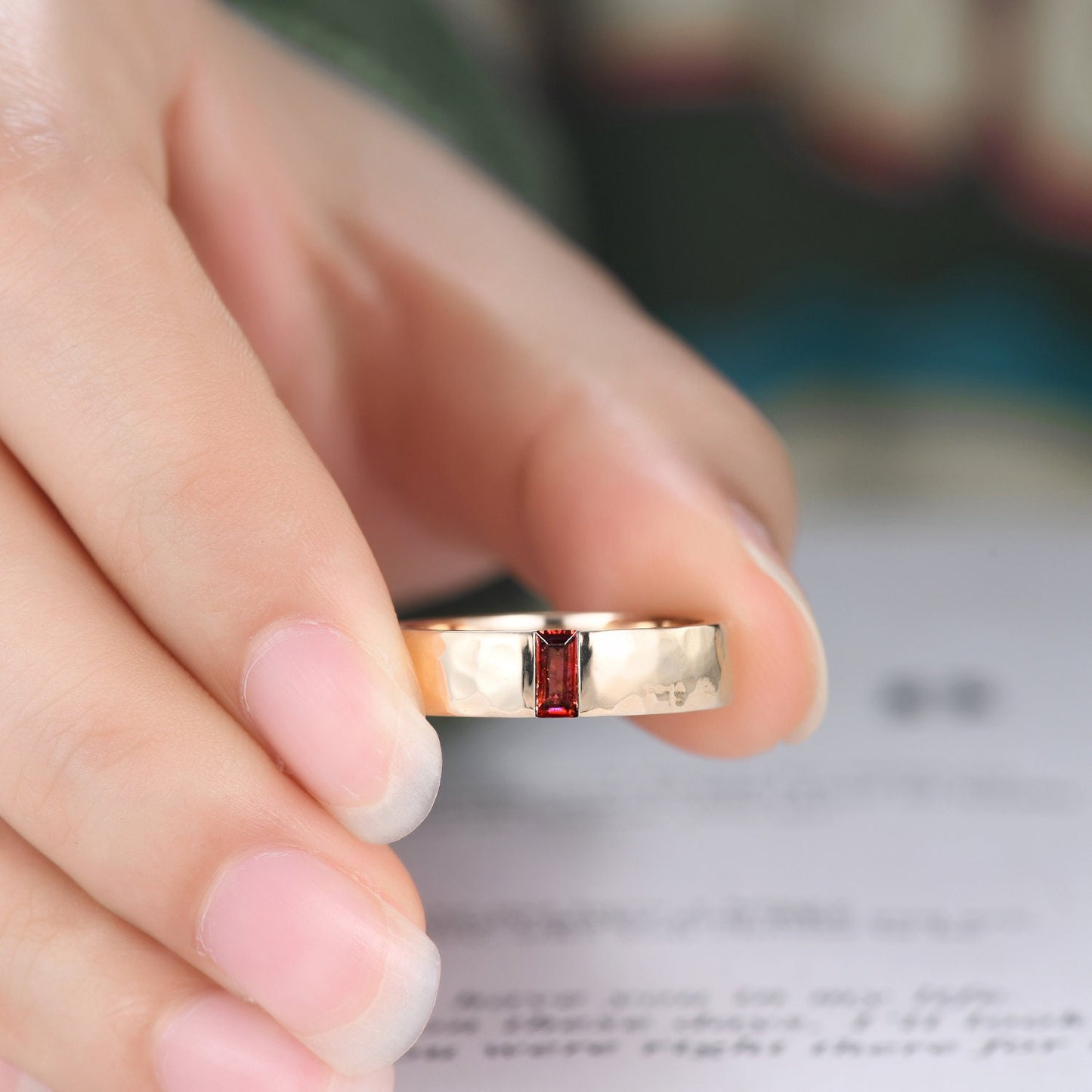 Mens Garnet Wedding Band Baguette Cut Red Garnet Band 5mm Solid White Ring Mens Hammered Stacking Matching Band Retro Vintage Ring Gift