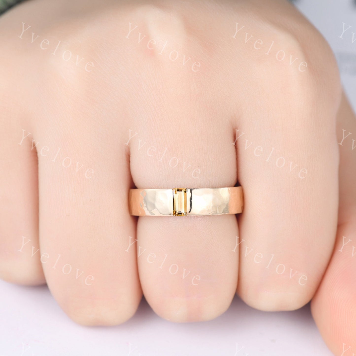Mens Citrine Wedding Band Baguette Cut Yellow Citrine Band 5mm Solid Gold Ring Mens Hammered Stacking Matching Band Retro Vintage Ring Gift