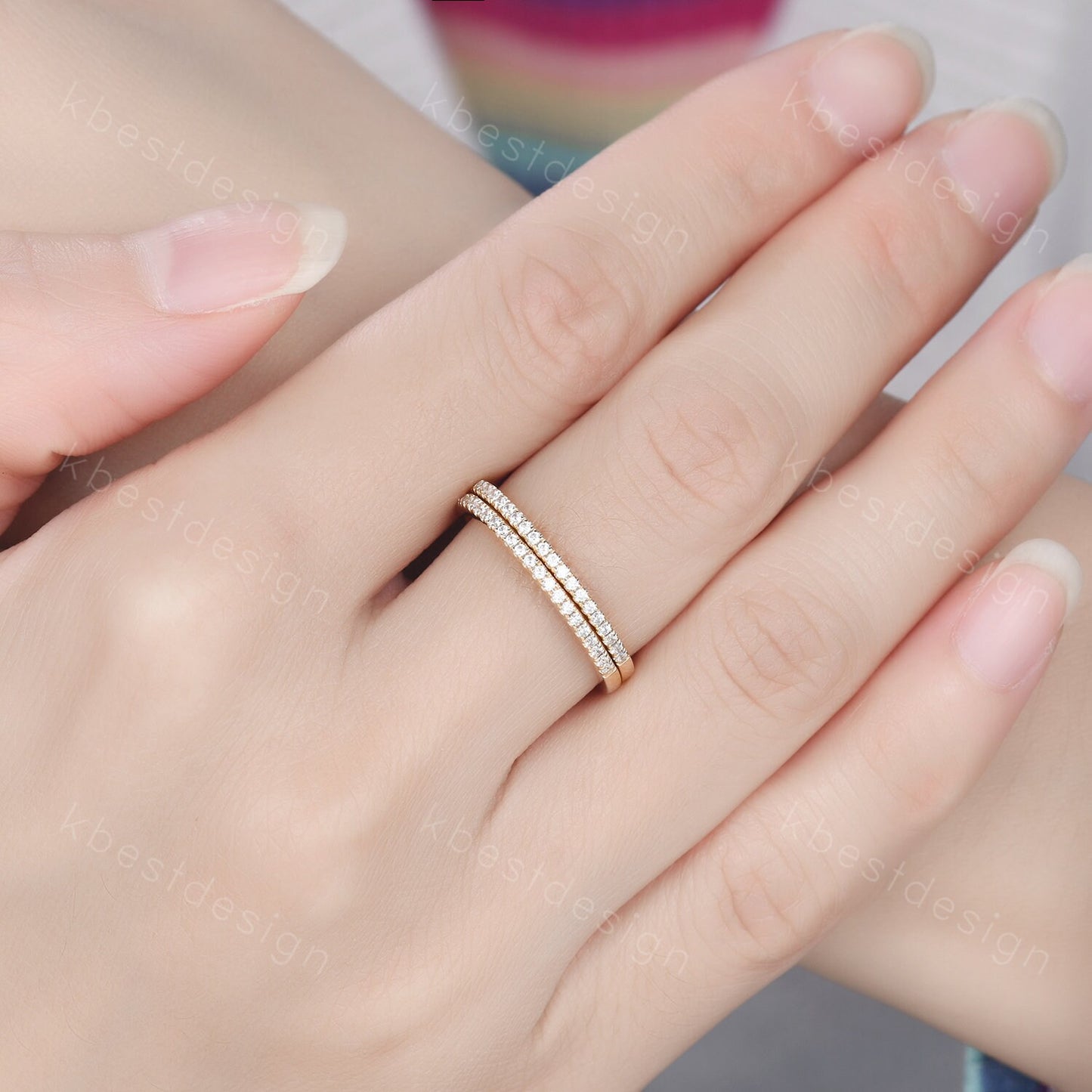 Unique Moissanite wedding band set women half eternity band 14k solid yellow gold minimalist Stacking ring dainty bridal promise ring