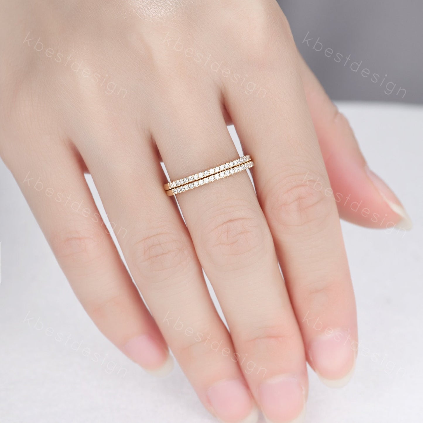 Unique Moissanite wedding band set women half eternity band 14k solid yellow gold minimalist Stacking ring dainty bridal promise ring