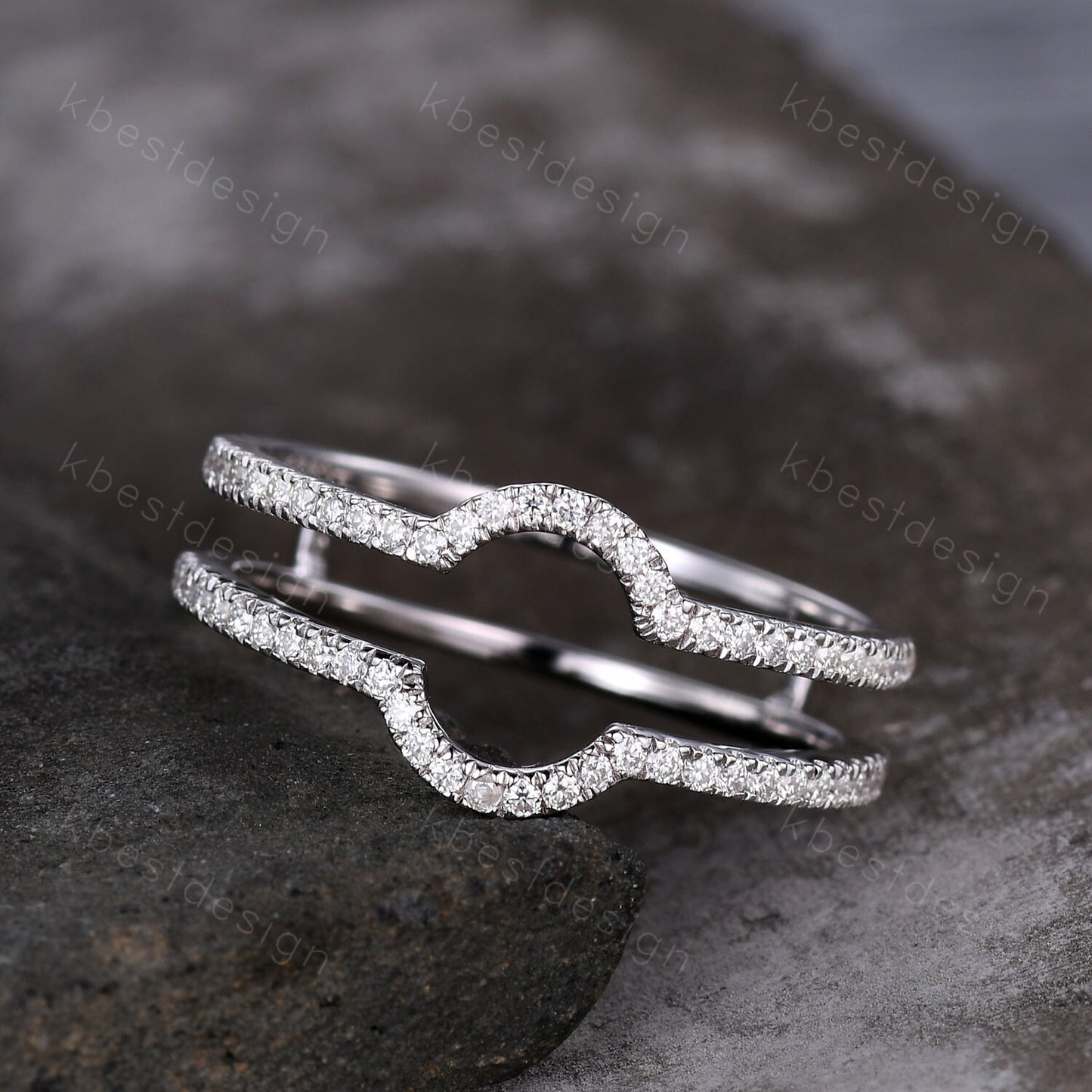 Dainty curved Moissanite wedding band White gold double curve stacking band half eternity enhancer matching band Unique bridal promise gift