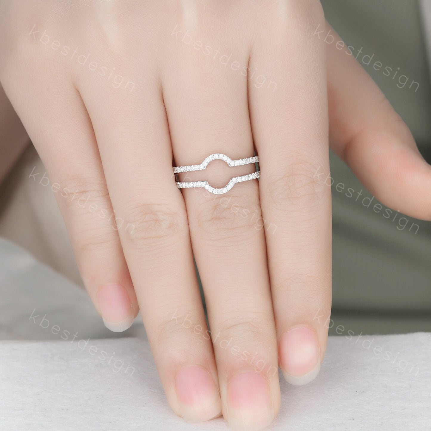 Dainty curved Moissanite wedding band White gold double curve stacking band half eternity enhancer matching band Unique bridal promise gift
