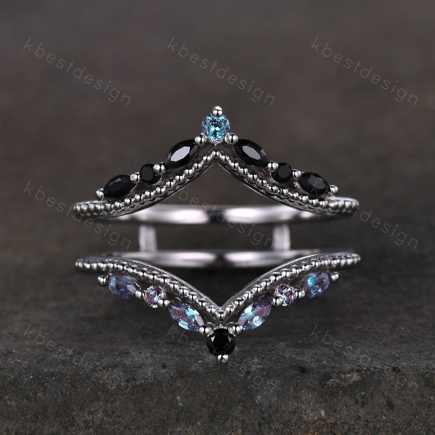 Unique curved Alexandrite wedding band White gold double curved black spinel stacking band art deco marquise enhancer bridal promise ring