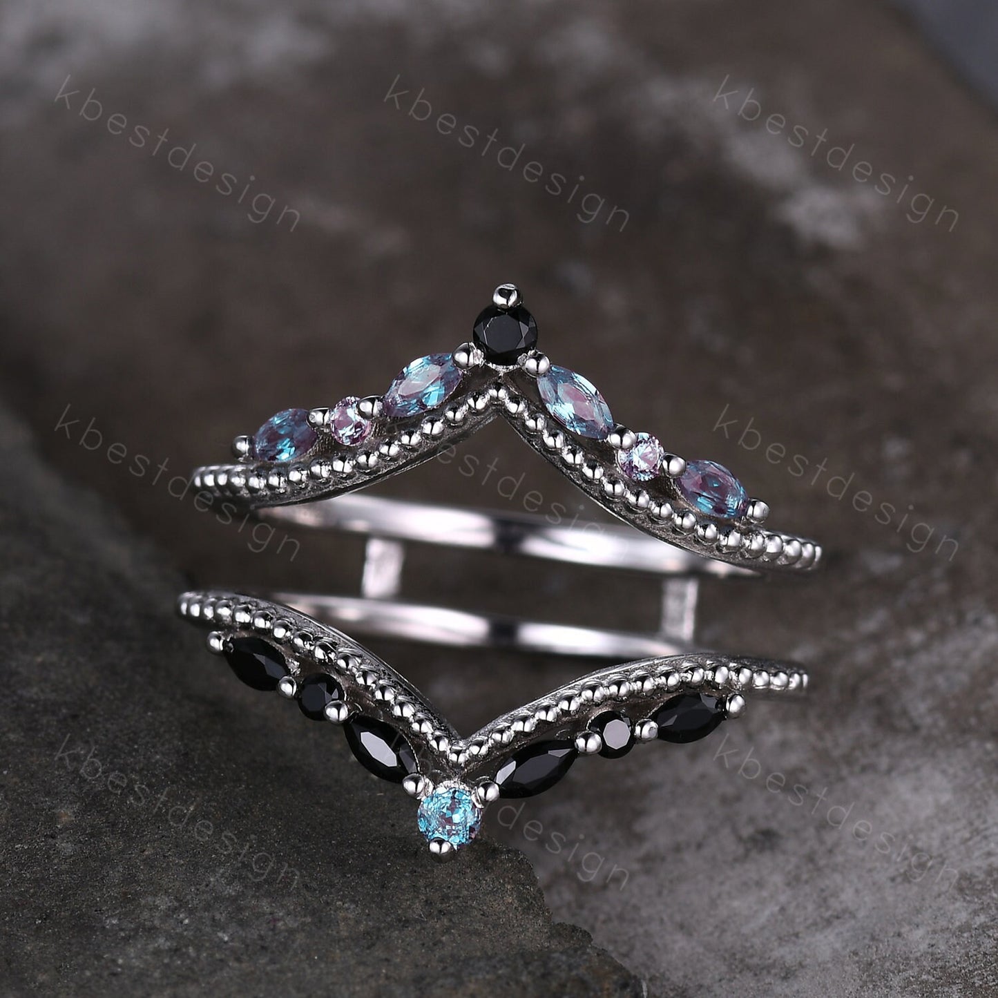 Unique curved Alexandrite wedding band White gold double curved black spinel stacking band art deco marquise enhancer bridal promise ring