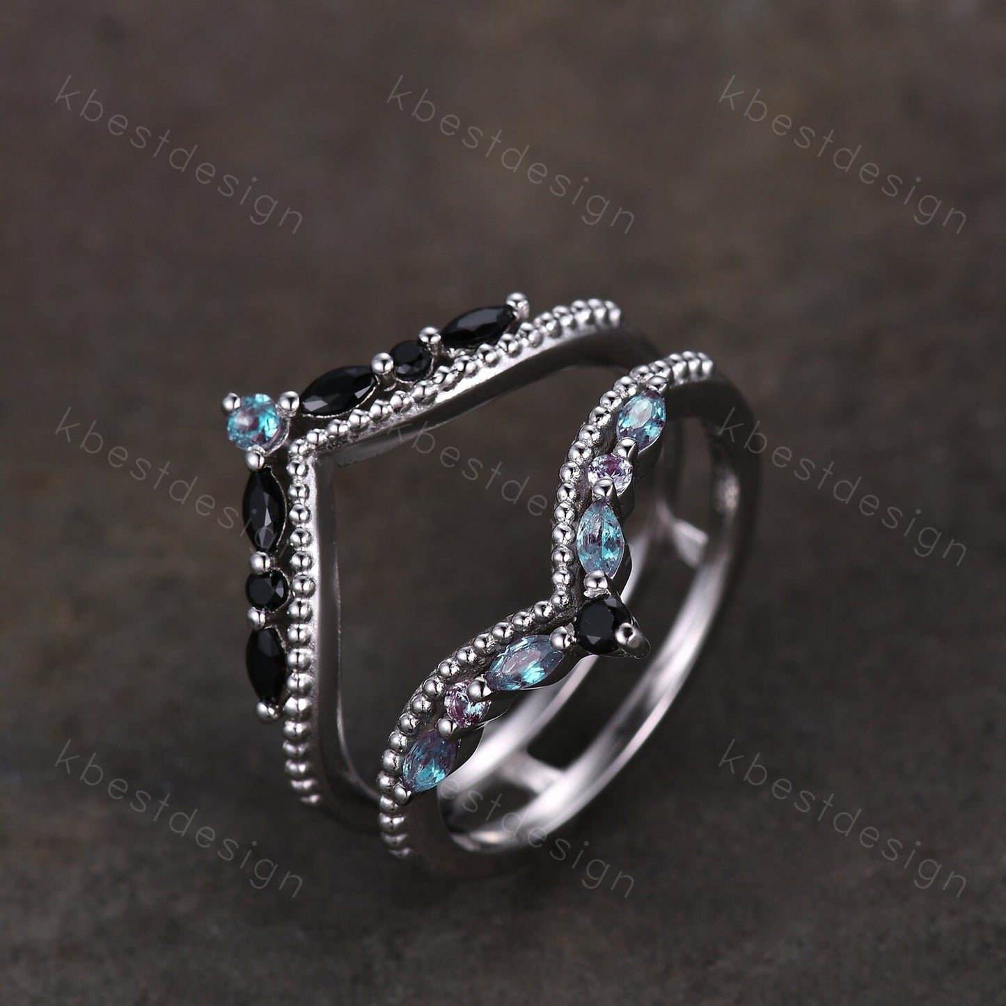 Unique curved Alexandrite wedding band White gold double curved black spinel stacking band art deco marquise enhancer bridal promise ring