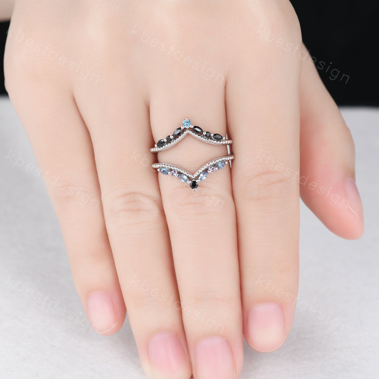 Unique curved Alexandrite wedding band White gold double curved black spinel stacking band art deco marquise enhancer bridal promise ring