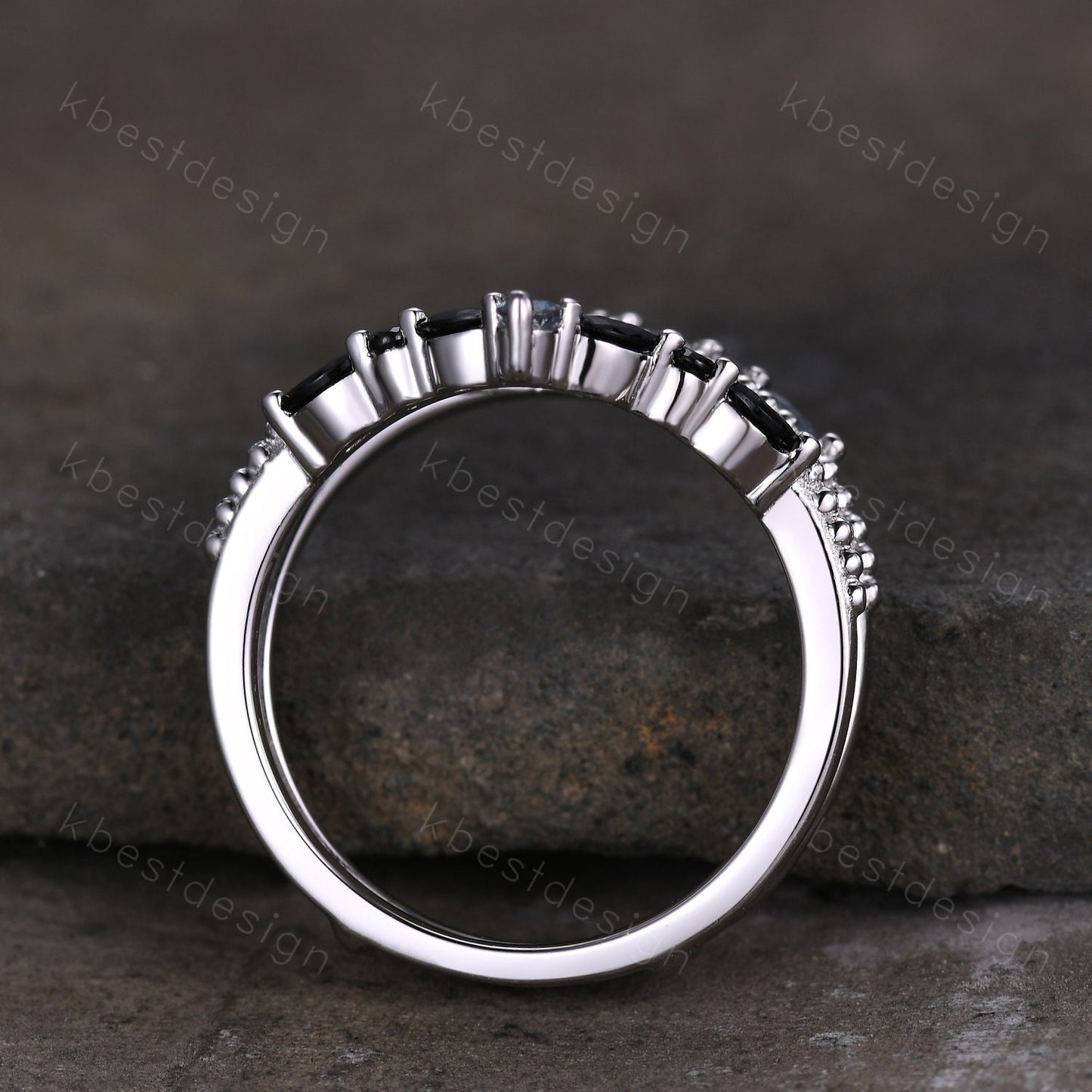 Unique curved Alexandrite wedding band White gold double curved black spinel stacking band art deco marquise enhancer bridal promise ring