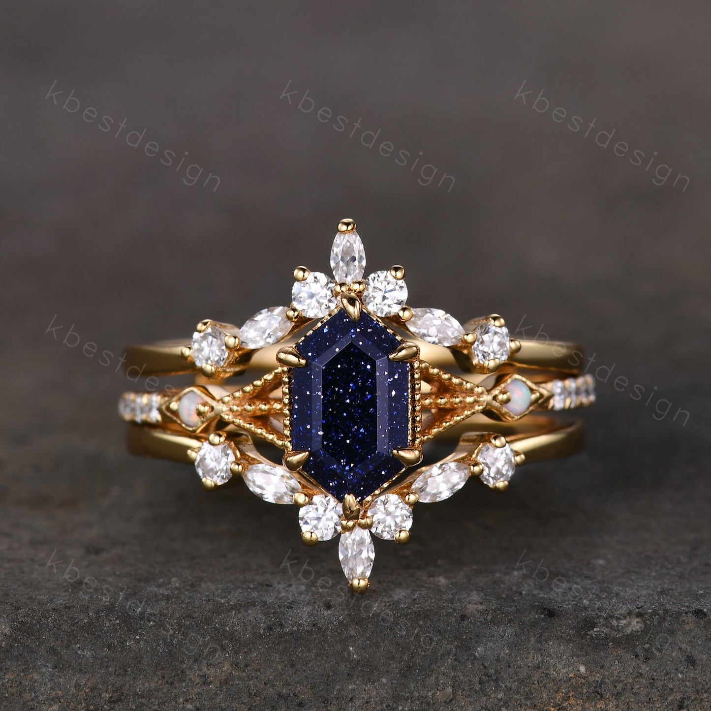 Antique Blue Sandstone Engagement Ring Set Yellow Gold Hexagon cut Ring Unique Art Deco Moissanite Stacking Matching Band Bridal Promise Set