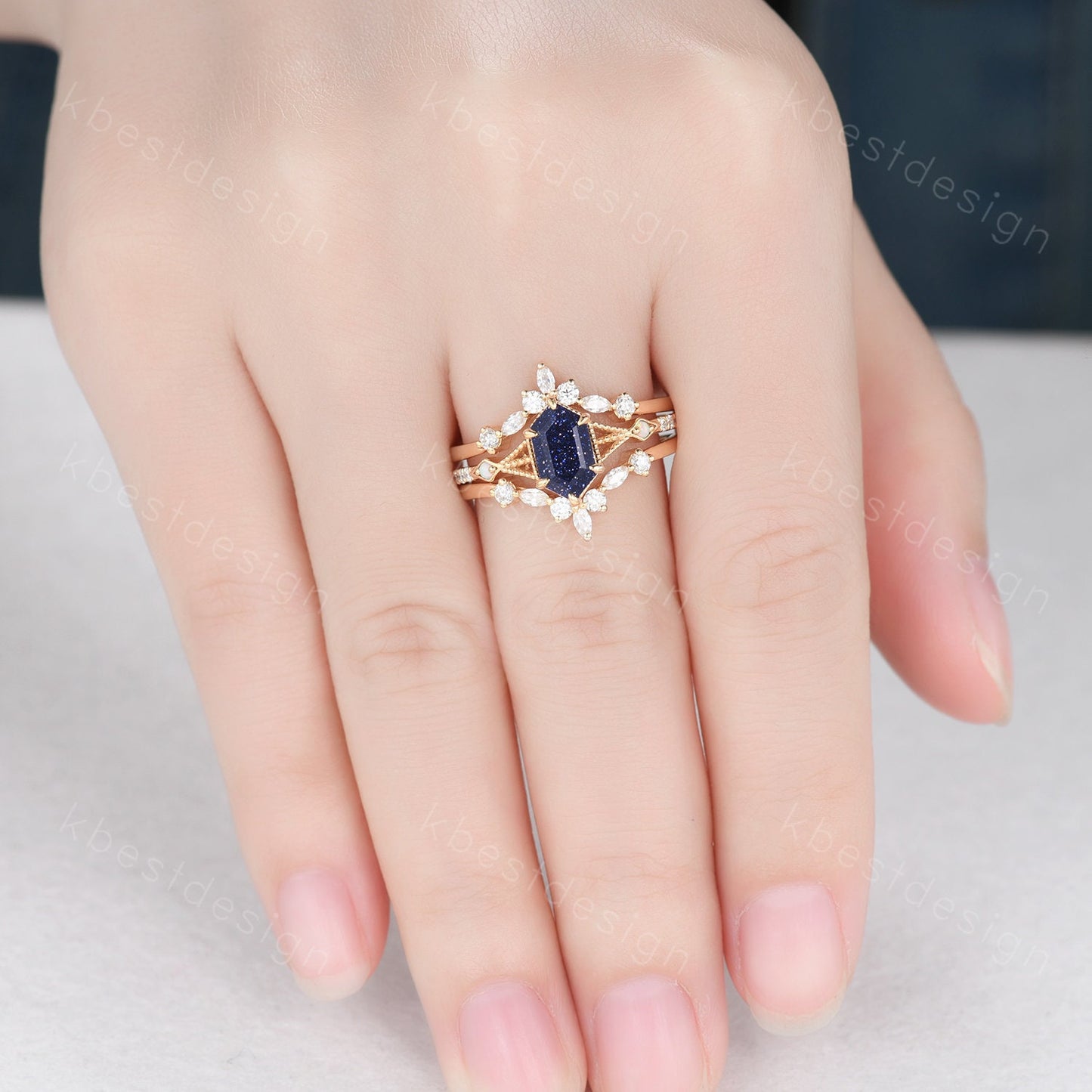 Antique Blue Sandstone Engagement Ring Set Yellow Gold Hexagon cut Ring Unique Art Deco Moissanite Stacking Matching Band Bridal Promise Set