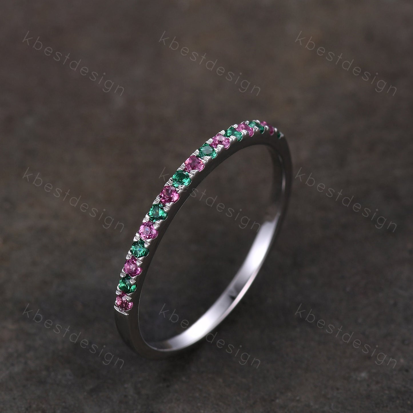 Dainty emerald and pink tourmaline wedding band minimalist half eternity silver wedding ring Art deco micro pave anniversary ring