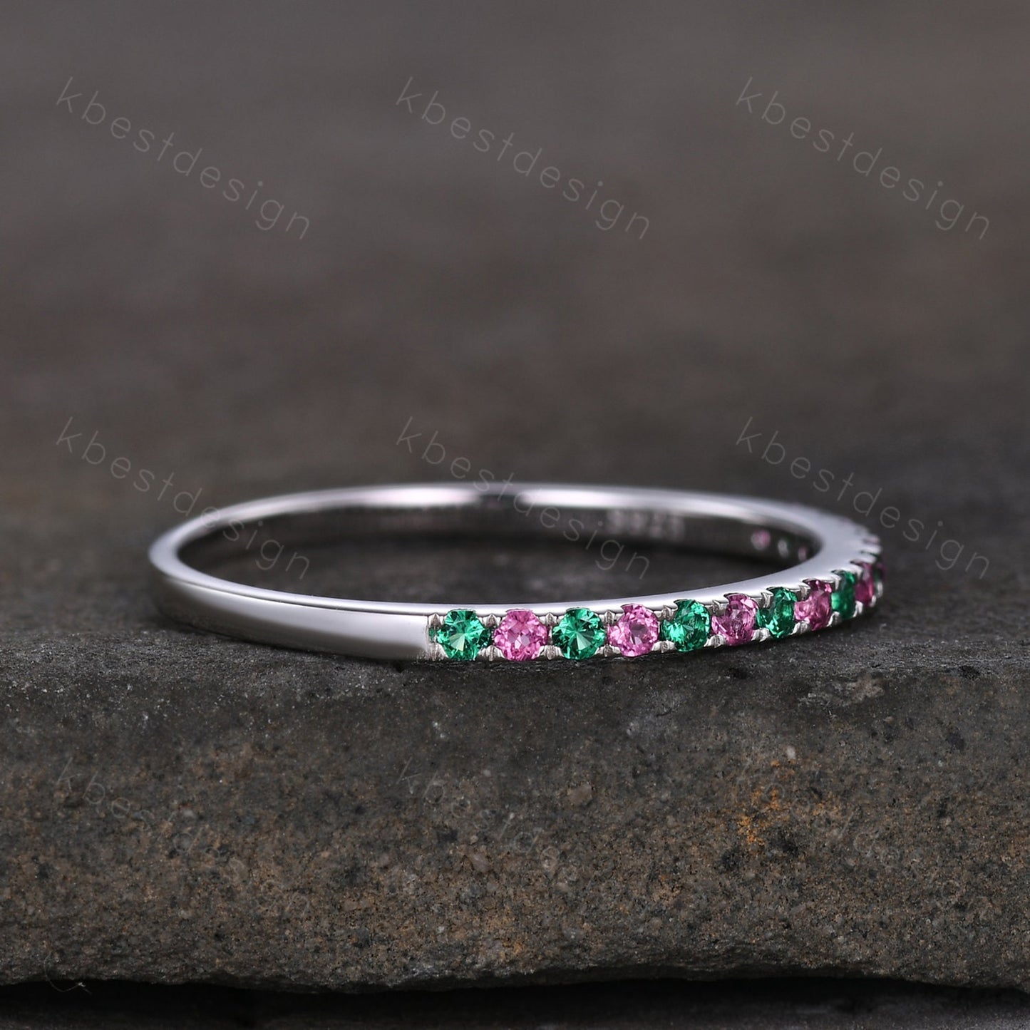 Dainty emerald and pink tourmaline wedding band minimalist half eternity silver wedding ring Art deco micro pave anniversary ring