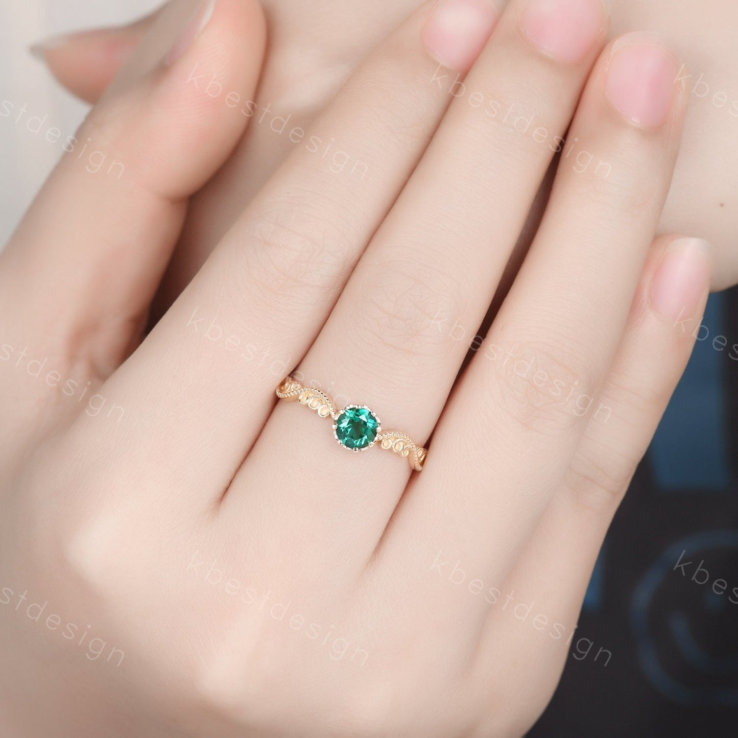 Antique emerald engagement ring 5mm round cut green emerald ring art deco filigree ring unique design bridal promise ring May birthstone