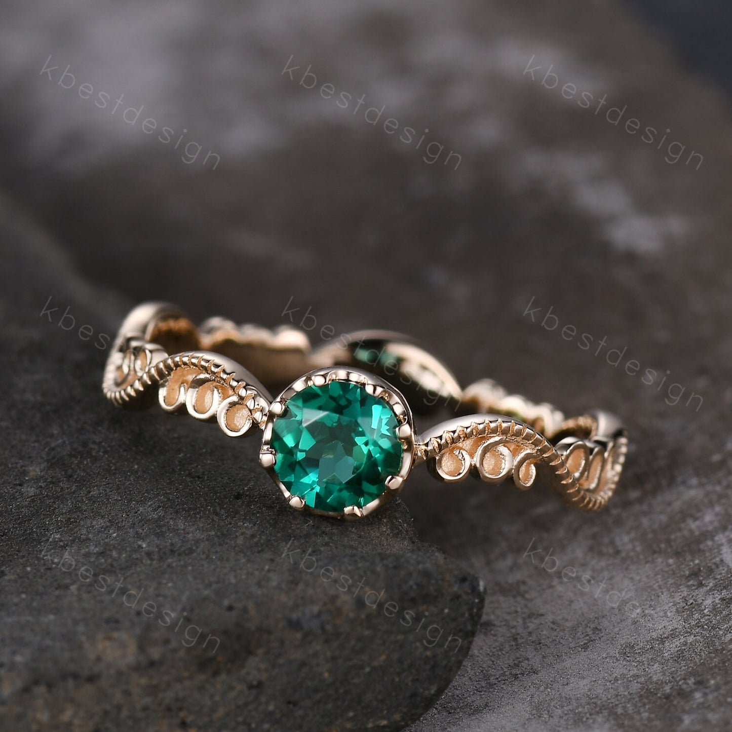 Antique emerald engagement ring 5mm round cut green emerald ring art deco filigree ring unique design bridal promise ring May birthstone