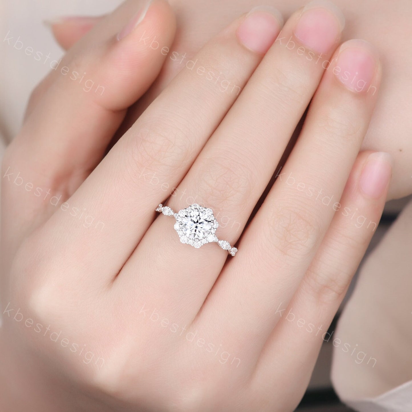 Vintage round Moissanite engagement ring white gold unique halo engagement ring art deco diamond wedding ring women retro anniversary ring
