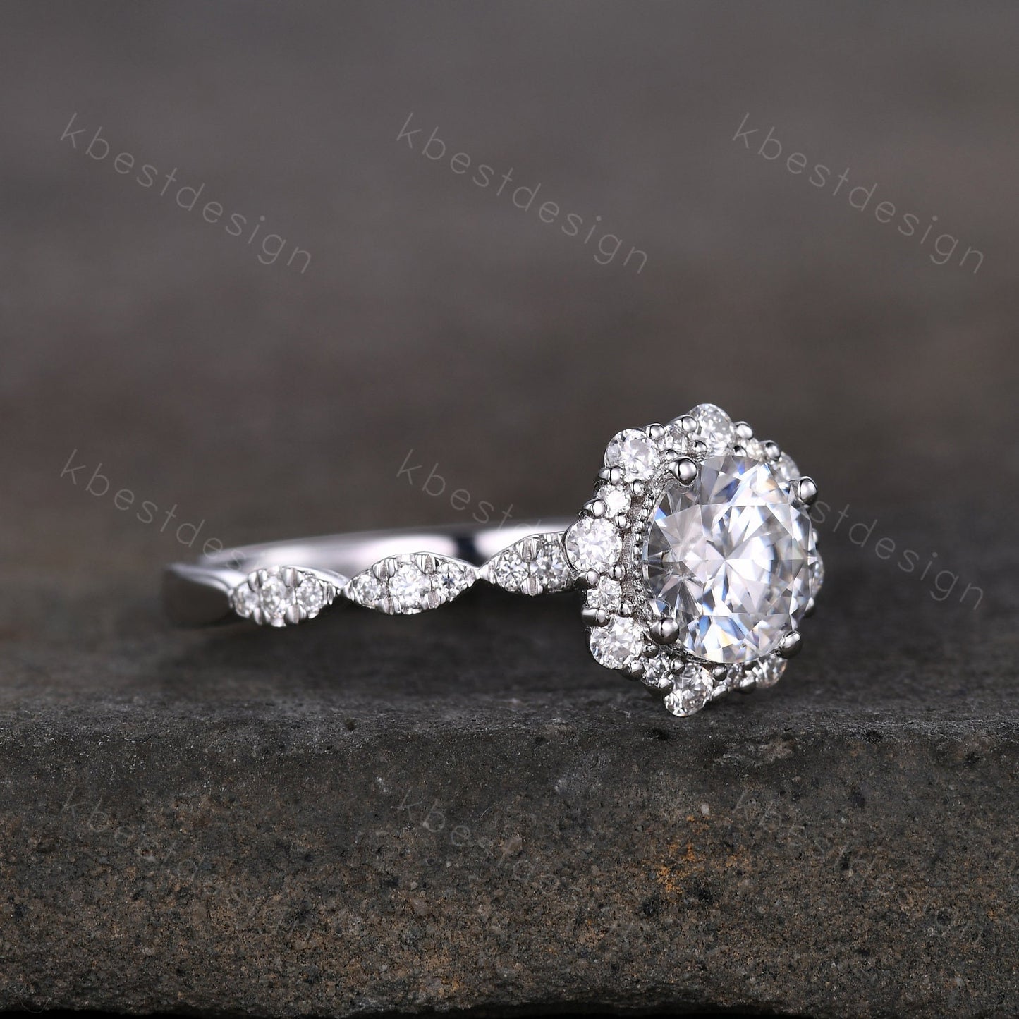 Vintage round Moissanite engagement ring white gold unique halo engagement ring art deco diamond wedding ring women retro anniversary ring