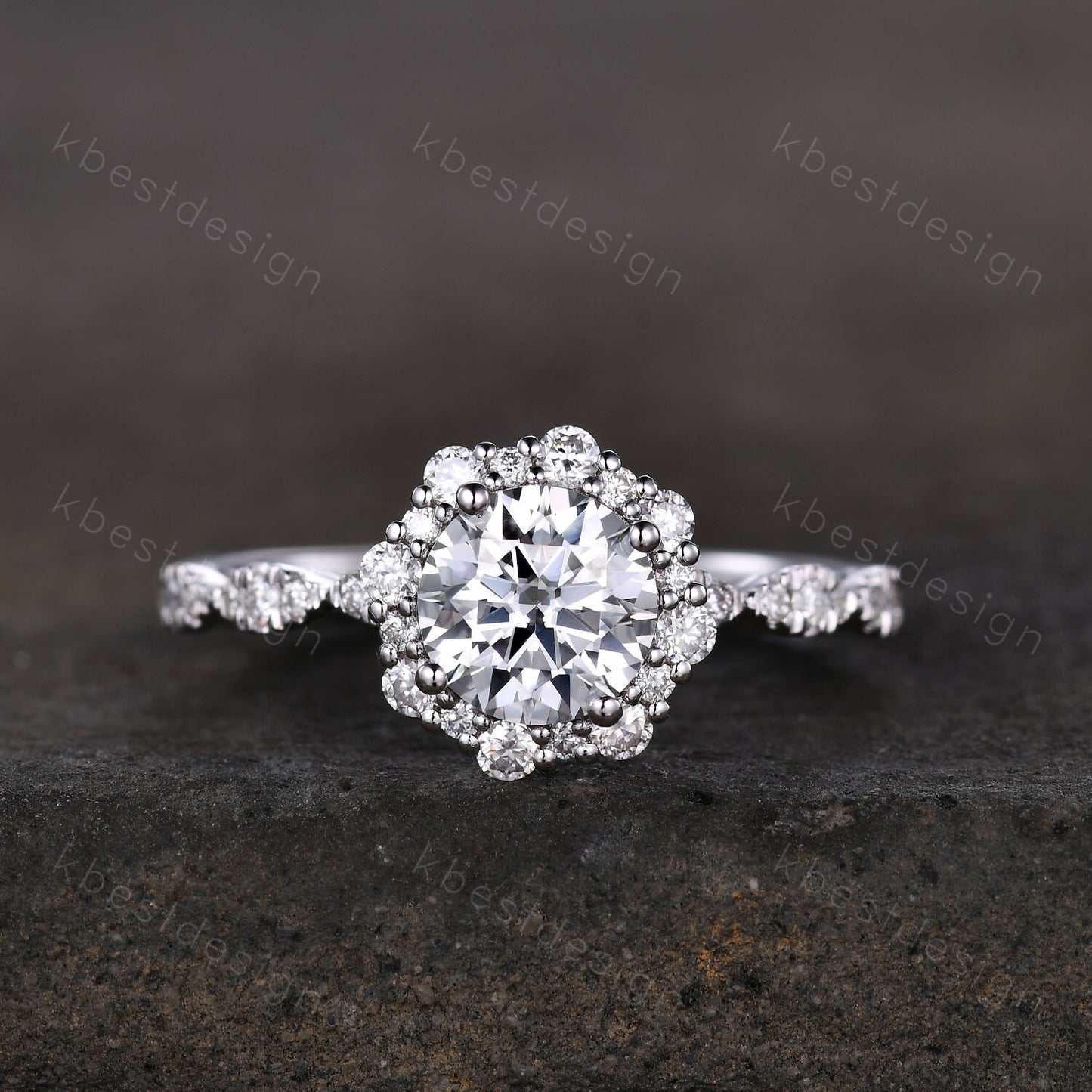 Vintage round Moissanite engagement ring white gold unique halo engagement ring art deco diamond wedding ring women retro anniversary ring
