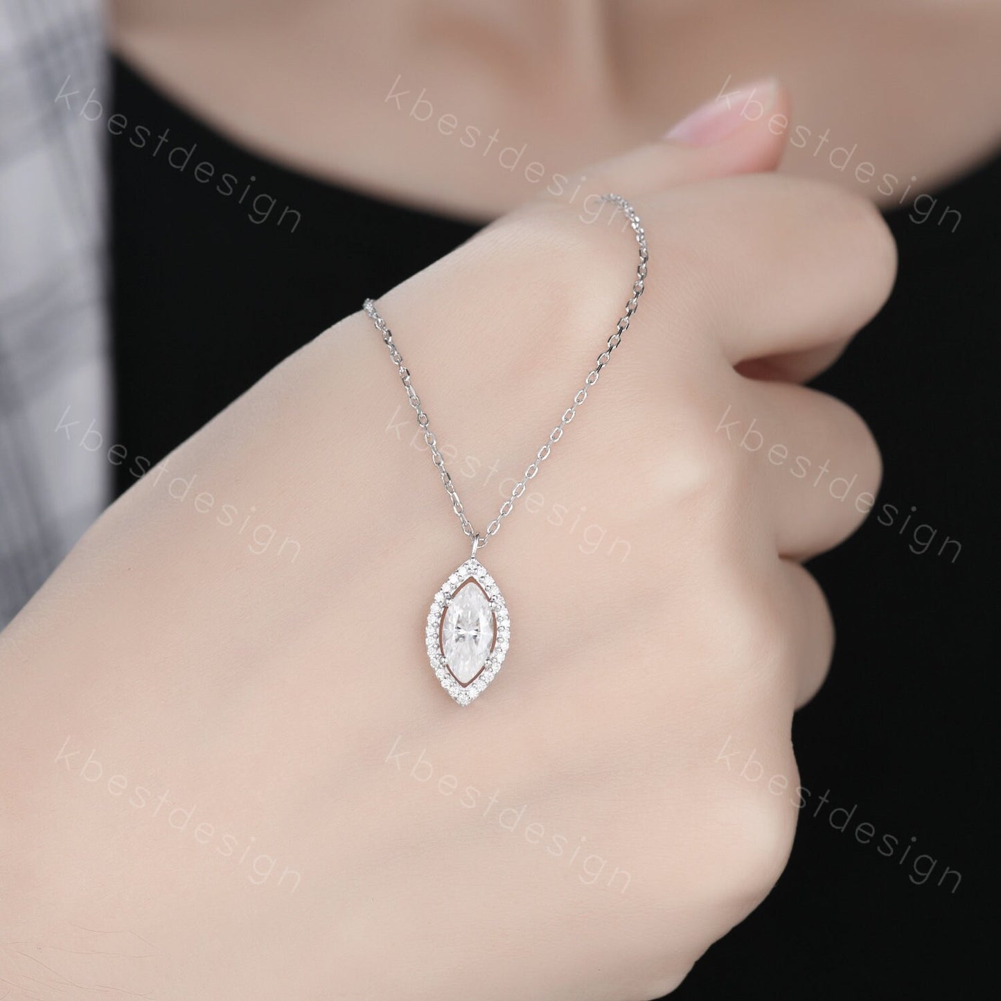 Unique marquise cut Moissanite necklace white gold halo moissanite diamond necklace pendant women bridal anniversary gift