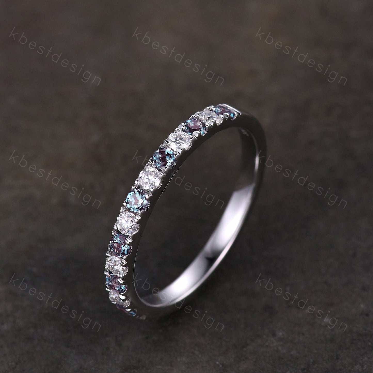2mm Moissanite Alexandrite Wedding Band Half Eternity Stacking Band Colorless Moissanite Ring Women Matching Band Promise Anniversary Ring