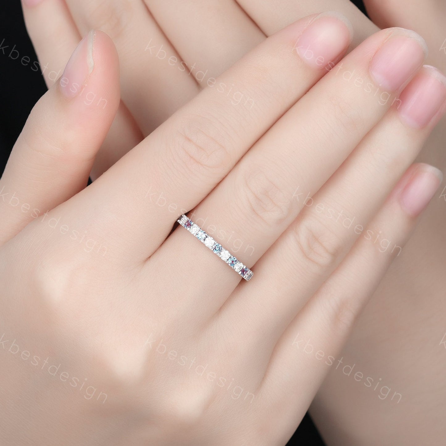 2mm Moissanite Alexandrite Wedding Band Half Eternity Stacking Band Colorless Moissanite Ring Women Matching Band Promise Anniversary Ring