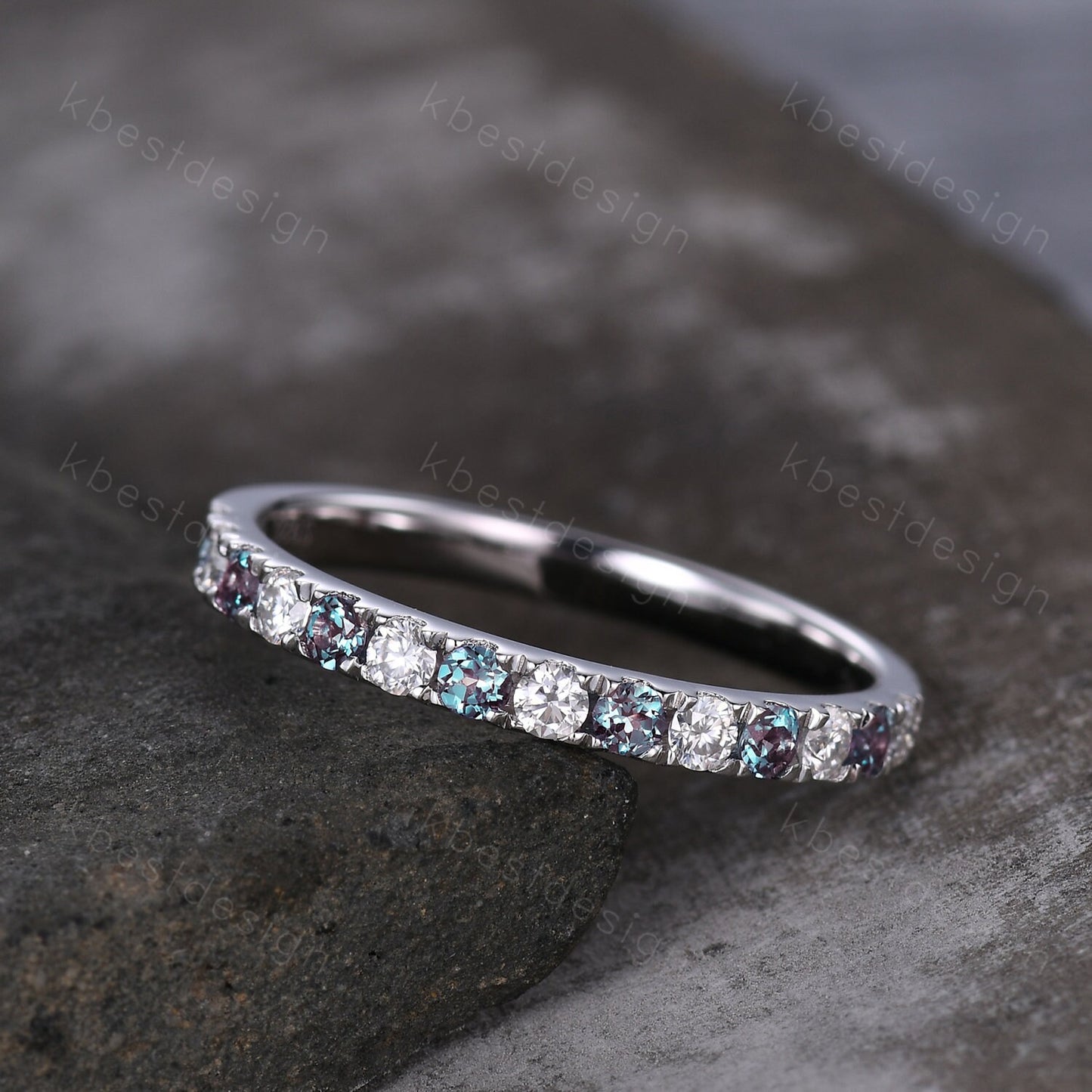 2mm Moissanite Alexandrite Wedding Band Half Eternity Stacking Band Colorless Moissanite Ring Women Matching Band Promise Anniversary Ring