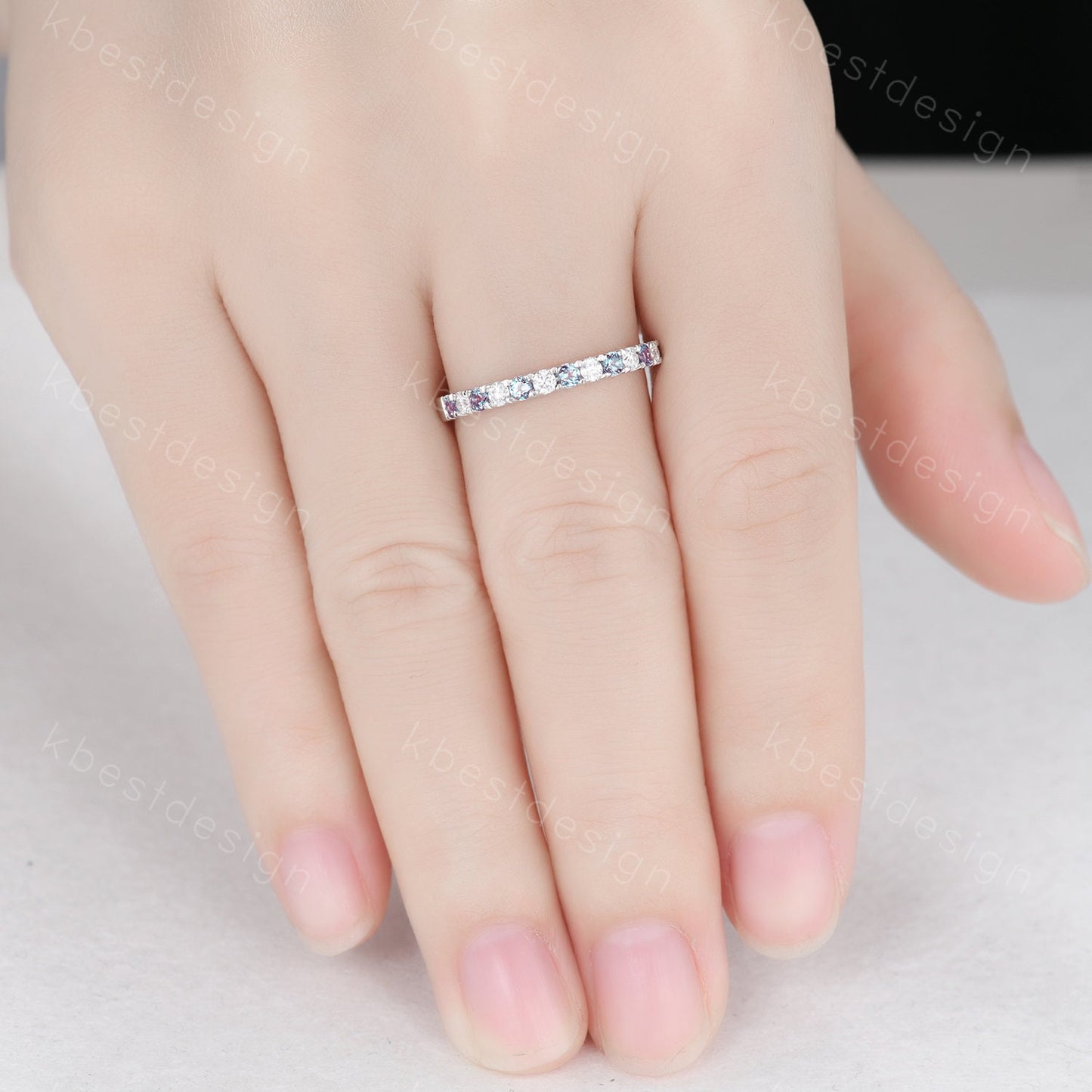 2mm Moissanite Alexandrite Wedding Band Half Eternity Stacking Band Colorless Moissanite Ring Women Matching Band Promise Anniversary Ring