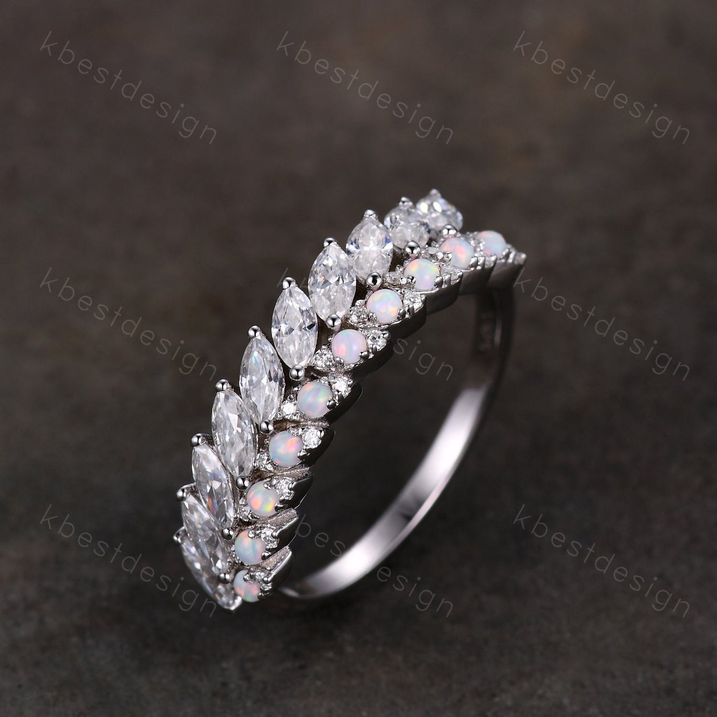Marquise cut Moissanite Wedding Band Half Eternity Stacking Band Unique Opal Wedding Ring Women Matching Band Promise Anniversary Ring