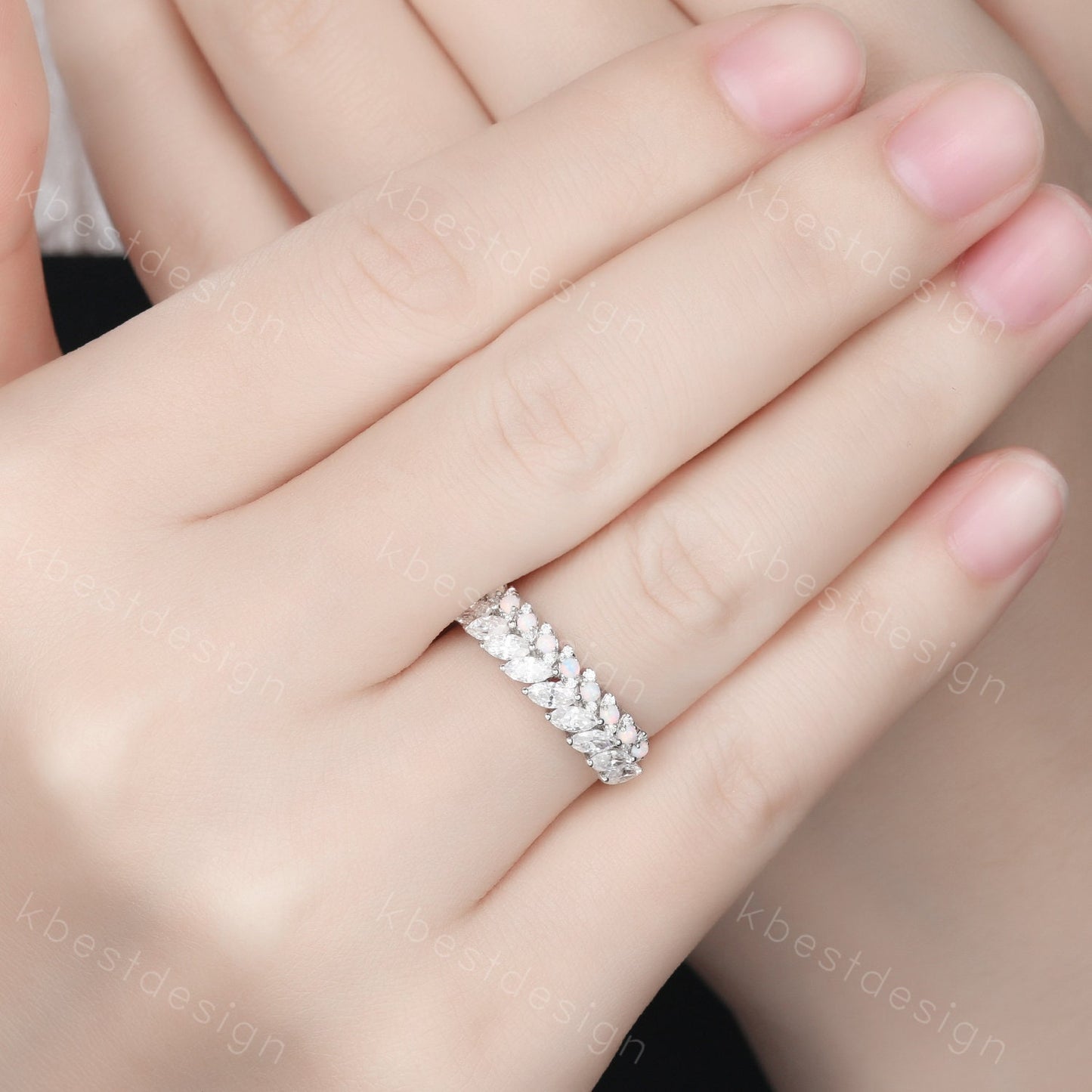 Marquise cut Moissanite Wedding Band Half Eternity Stacking Band Unique Opal Wedding Ring Women Matching Band Promise Anniversary Ring