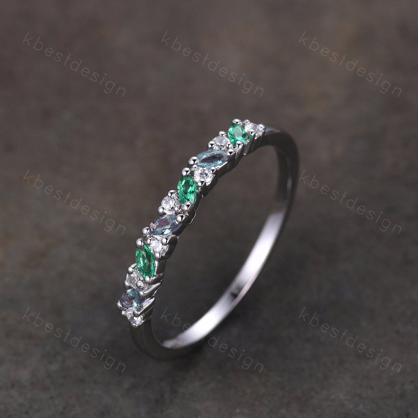 Alexandrite emerald cluster wedding band Unique marquise cut wedding band Vintage Moissanite ring Solid gold ring Anniversary gift for her