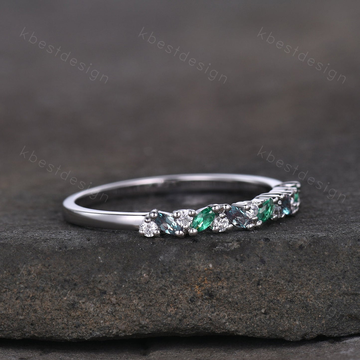 Alexandrite emerald cluster wedding band Unique marquise cut wedding band Vintage Moissanite ring Solid gold ring Anniversary gift for her