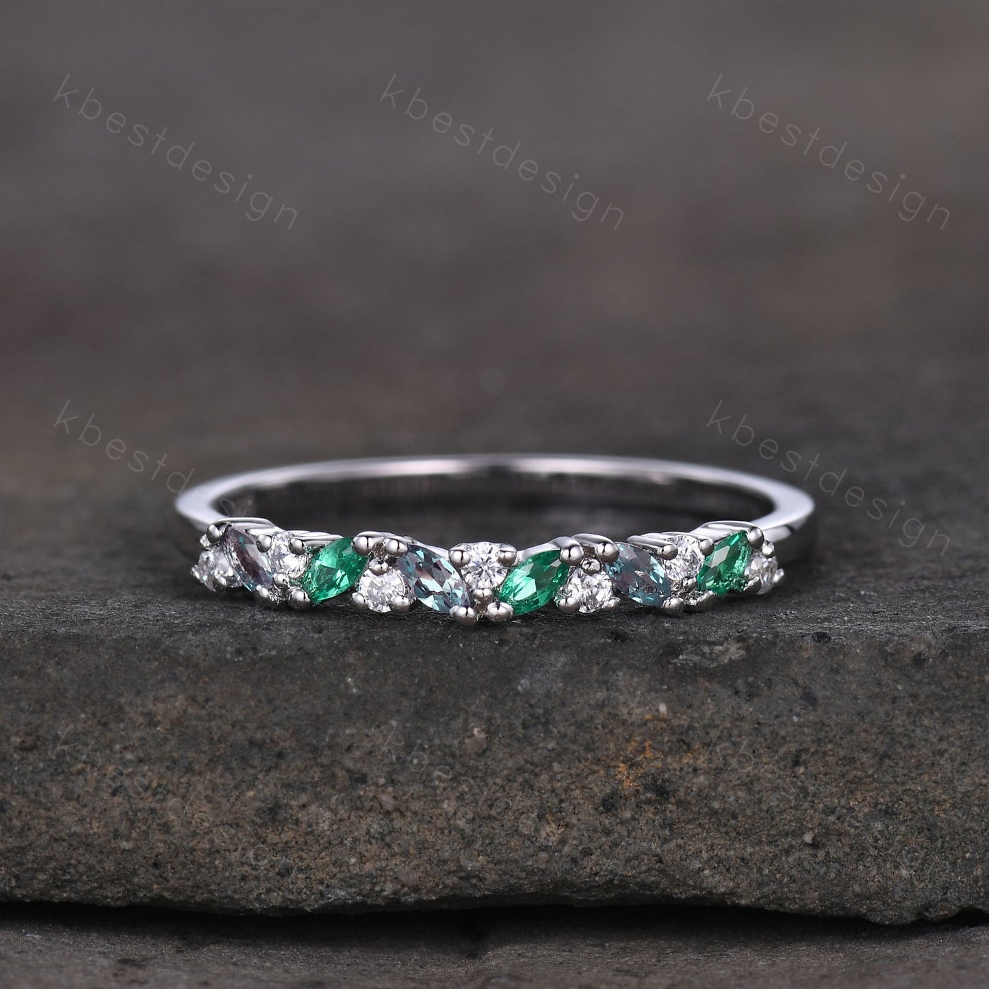 Alexandrite emerald cluster wedding band Unique marquise cut wedding band Vintage Moissanite ring Solid gold ring Anniversary gift for her