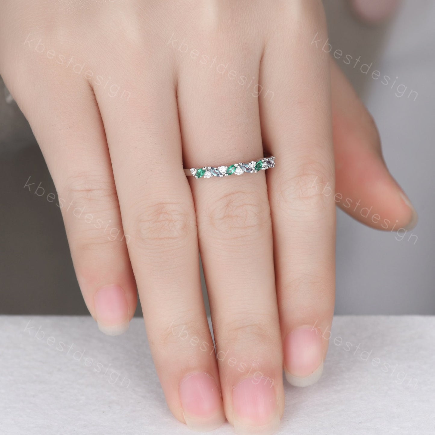 Alexandrite emerald cluster wedding band Unique marquise cut wedding band Vintage Moissanite ring Solid gold ring Anniversary gift for her